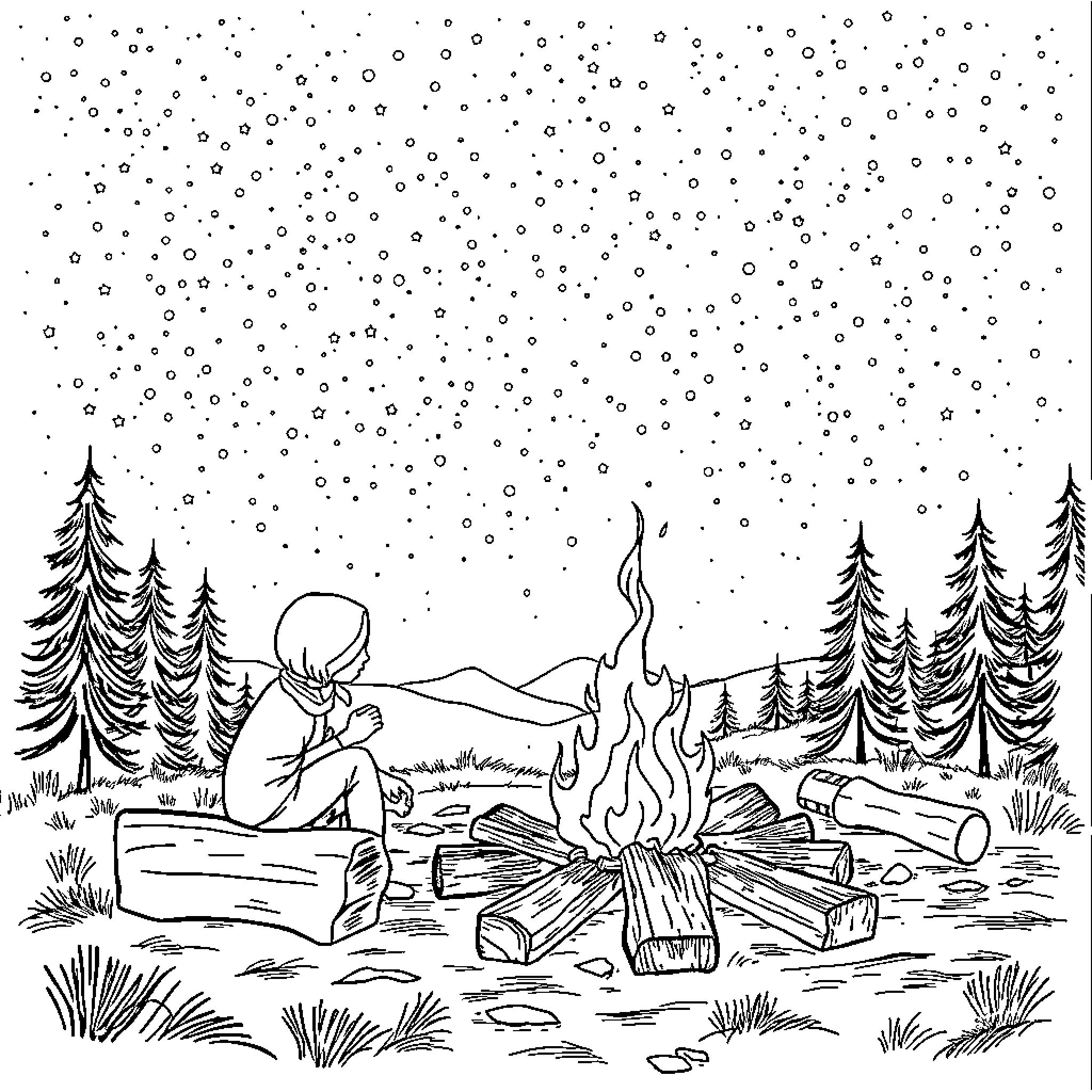 Scout Fire in the Snowy Forest Coloring Page (free black-and-white line drawing printable PDF for all, from beginners to advanced learners, including children, teens, adults, and seniors)