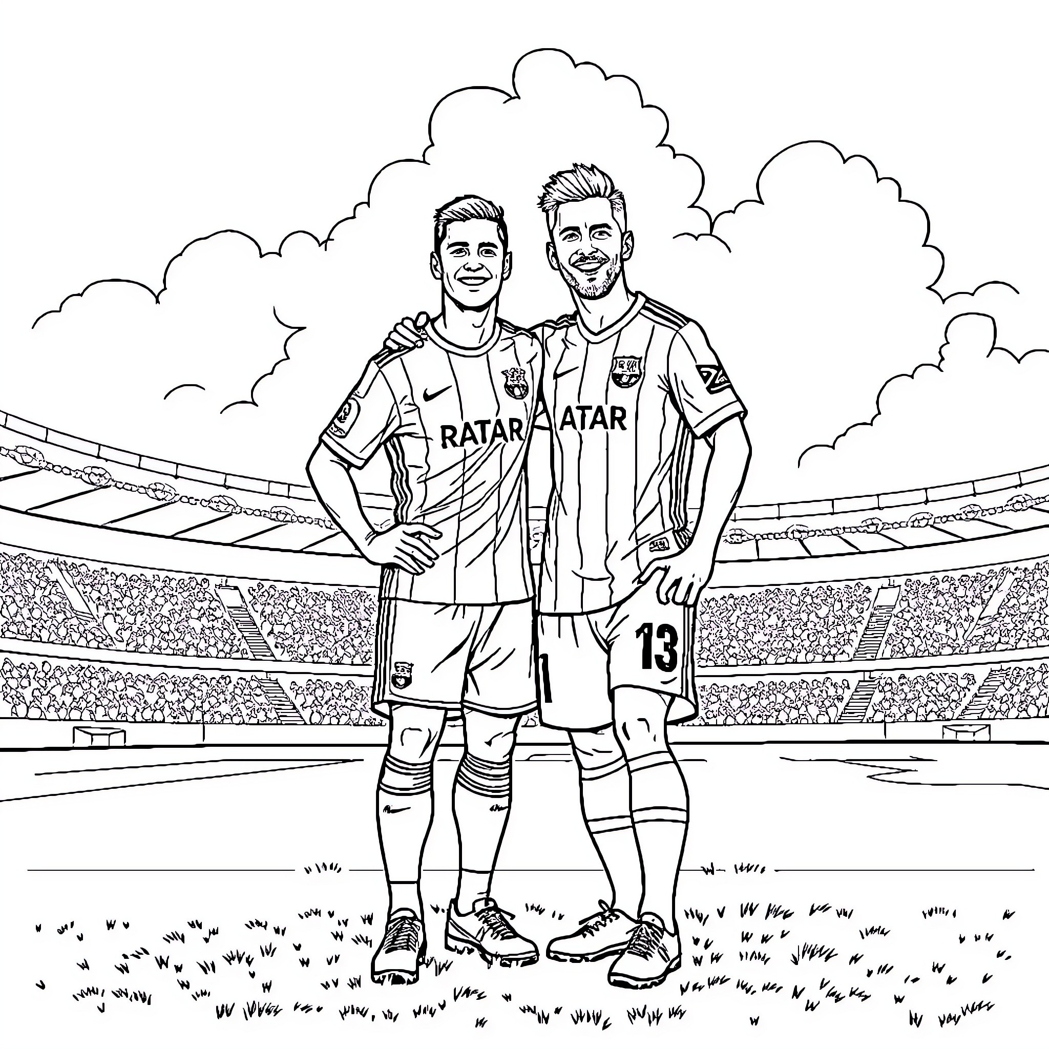 C.Ronaldo and Messi in football jerseys on the field Coloring Page (free black-and-white line drawing printable PDF for all, from beginners to advanced learners, including children, teens, adults, and seniors)