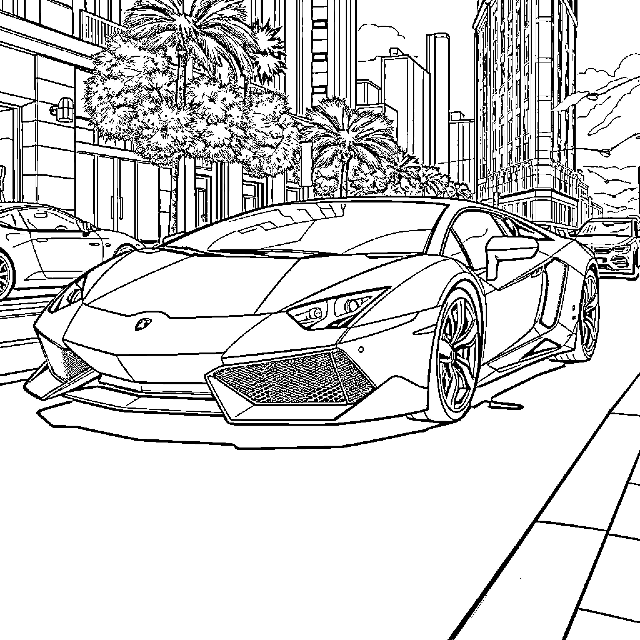 Lamborghini luxury sports car on city street Coloring Page (free black-and-white line drawing printable PDF for all, from beginners to advanced learners, including children, teens, adults, and seniors)