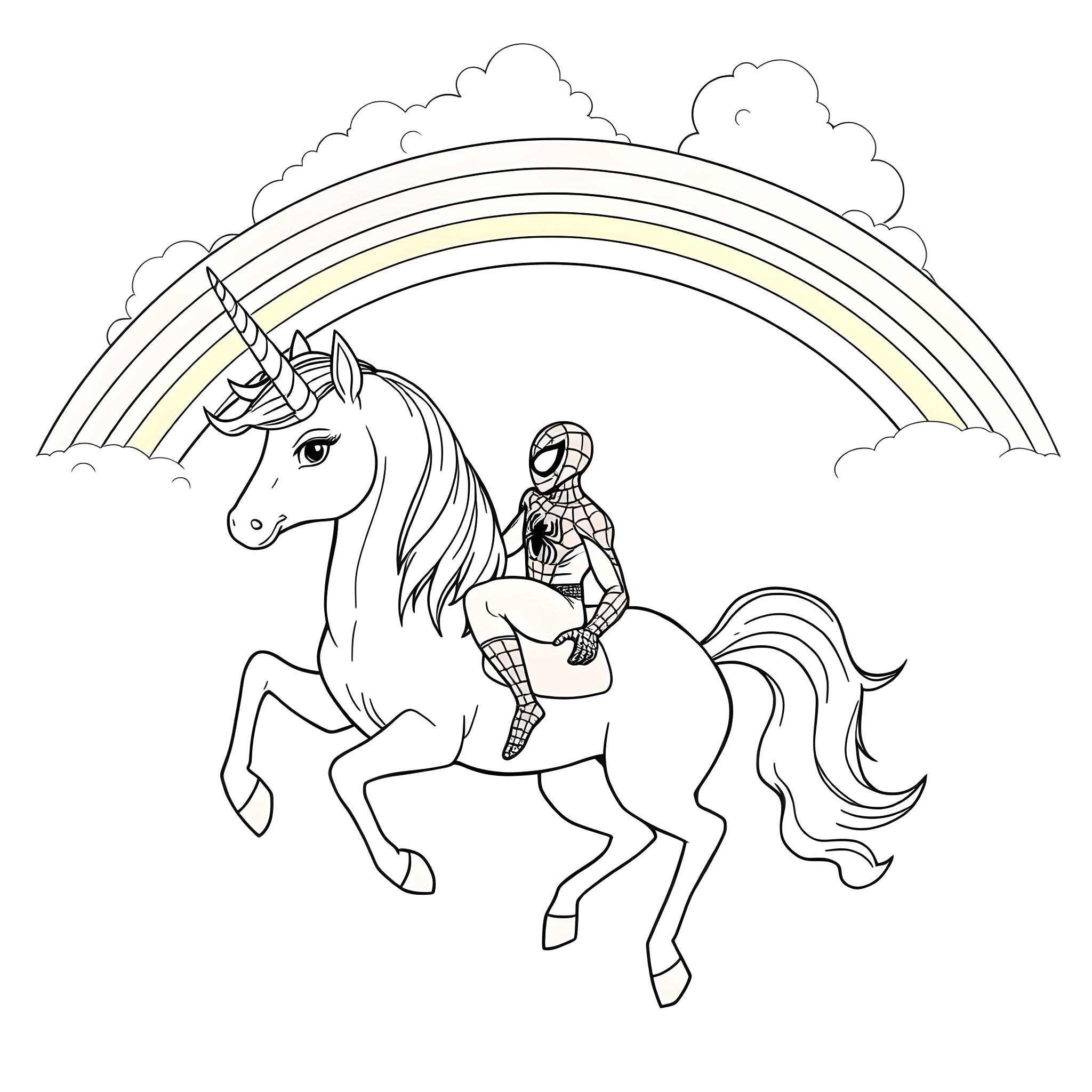 Unicorn and superhero riding through rainbow skies Coloring Page (free black-and-white line drawing printable PDF for all, from beginners to advanced learners, including children, teens, adults, and seniors)