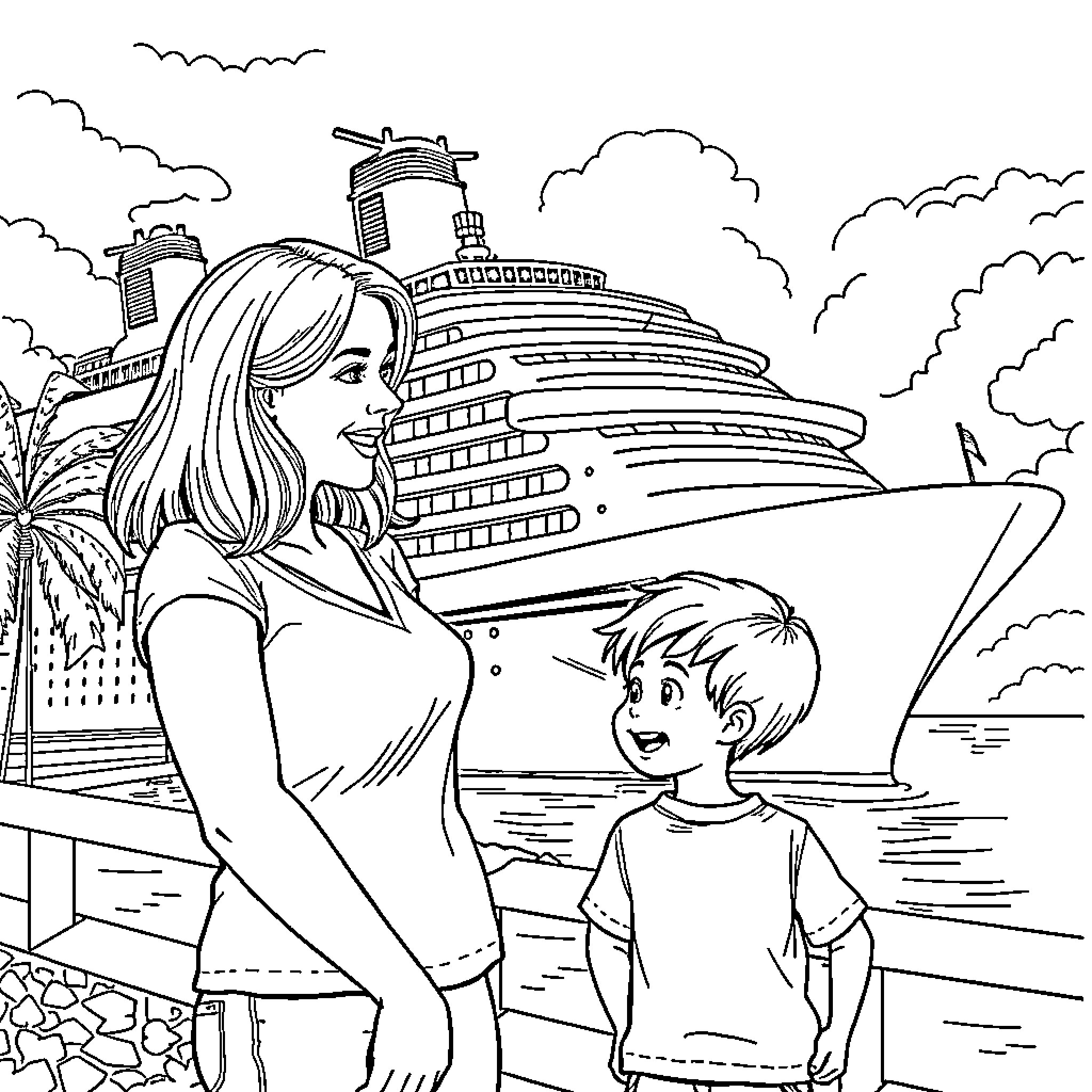 Mom and child enjoying a cruise ship vacation Coloring Page (free black-and-white line drawing printable PDF for all, from beginners to advanced learners, including children, teens, adults, and seniors)