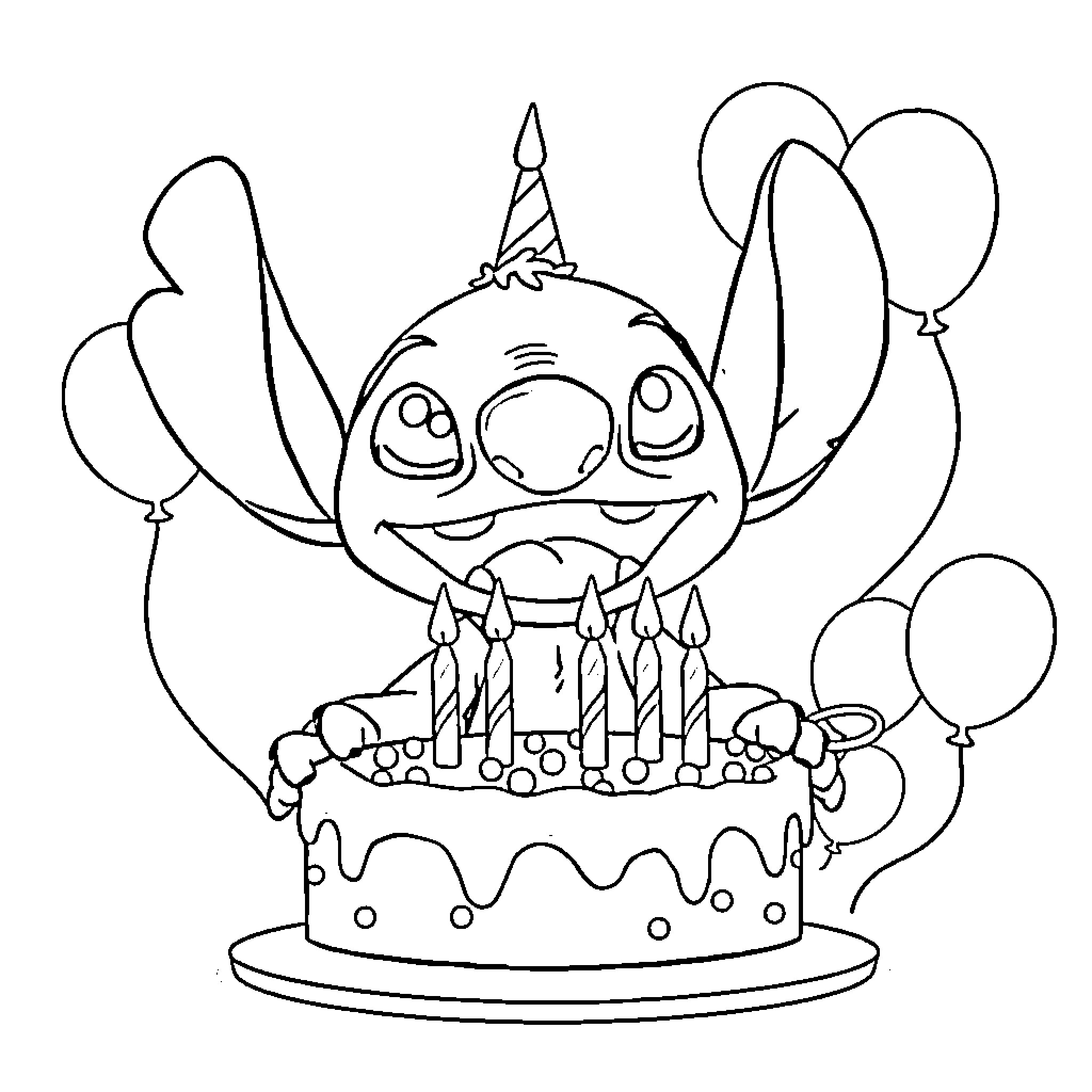 Stitch celebrates with birthday cake and balloons Coloring Page (free black-and-white line drawing printable PDF for all, from beginners to advanced learners, including children, teens, adults, and seniors)