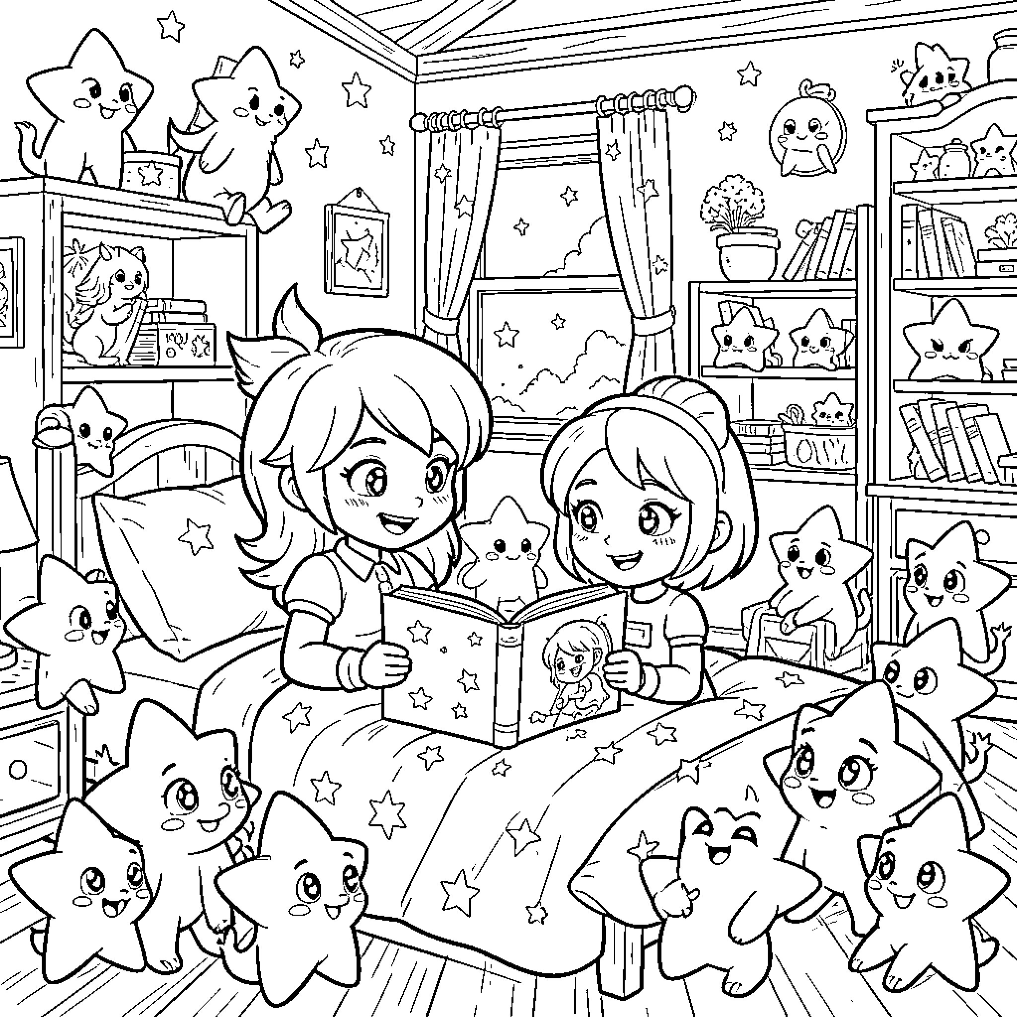 Rosalina reading a storybook in a star-filled bedroom Coloring Page (free black-and-white line drawing printable PDF for all, from beginners to advanced learners, including children, teens, adults, and seniors)