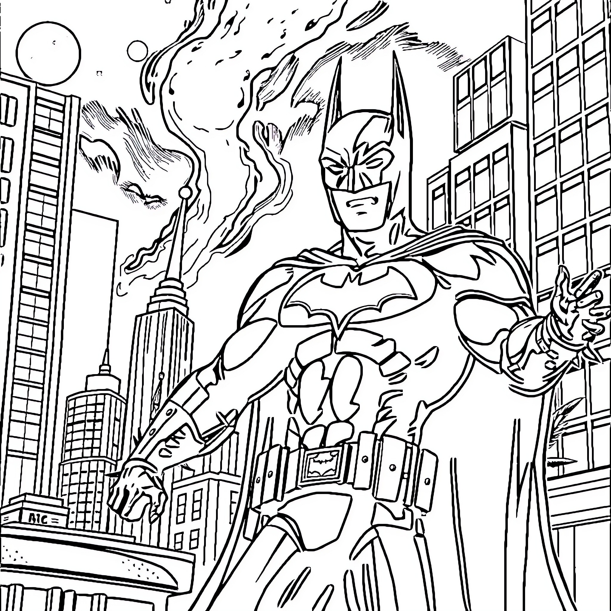 Batman heroically protecting the city from danger Coloring Page (free black-and-white line drawing printable PDF for all, from beginners to advanced learners, including children, teens, adults, and seniors)