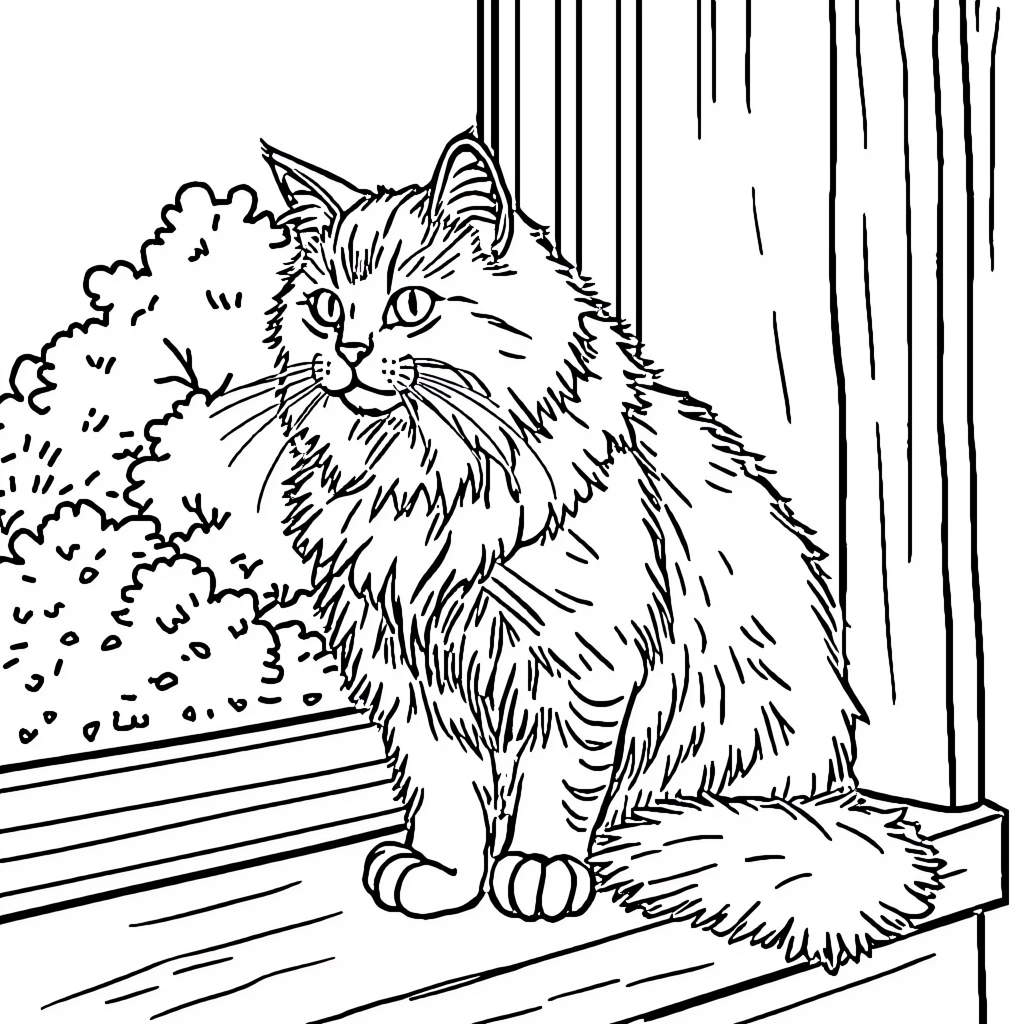 Cat sitting on wooden bench Coloring Page (free black-and-white line drawing printable PDF for all, from beginners to advanced learners, including children, teens, adults, and seniors)