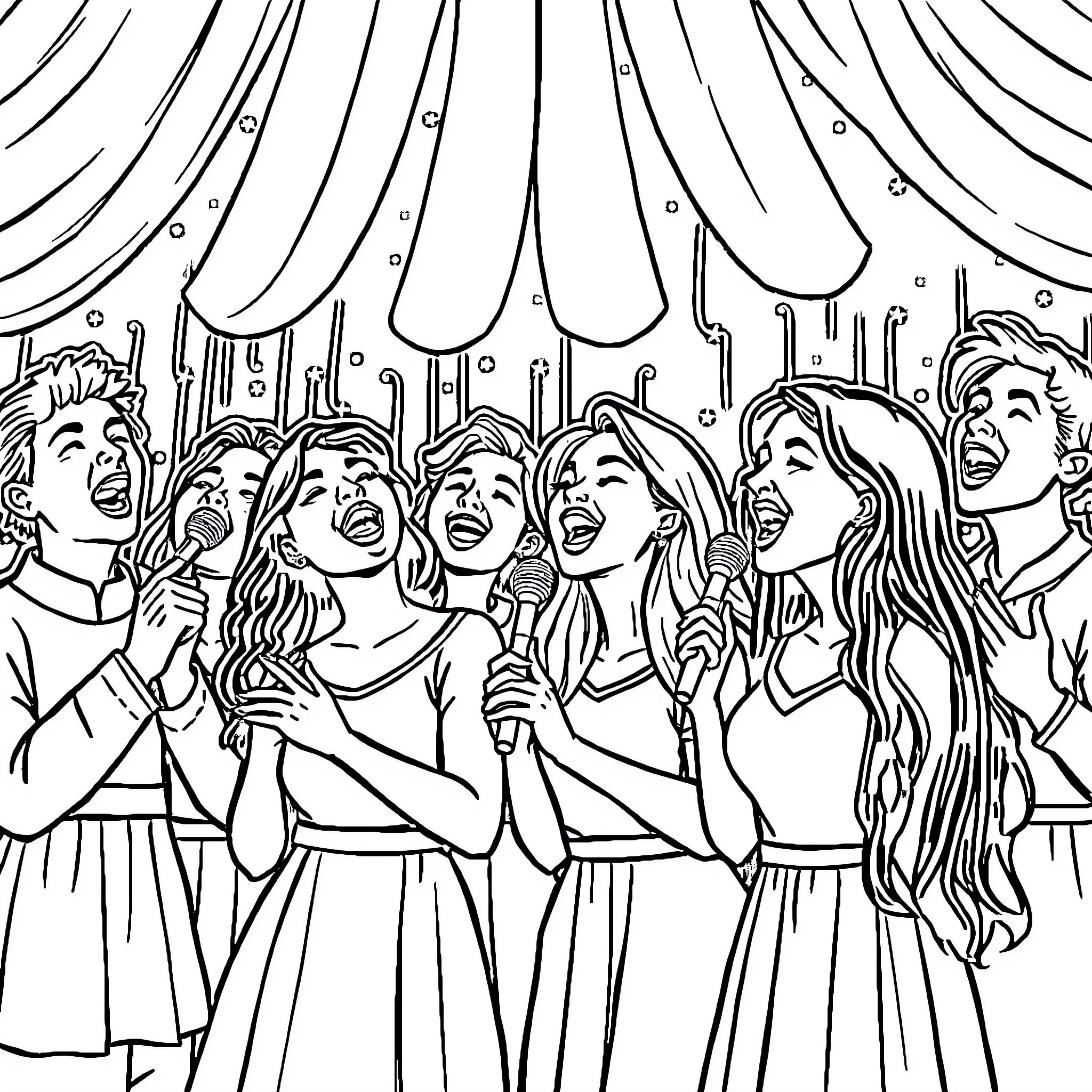 Person singing and performing on stage Coloring Page (free black-and-white line drawing printable PDF for all, from beginners to advanced learners, including children, teens, adults, and seniors)