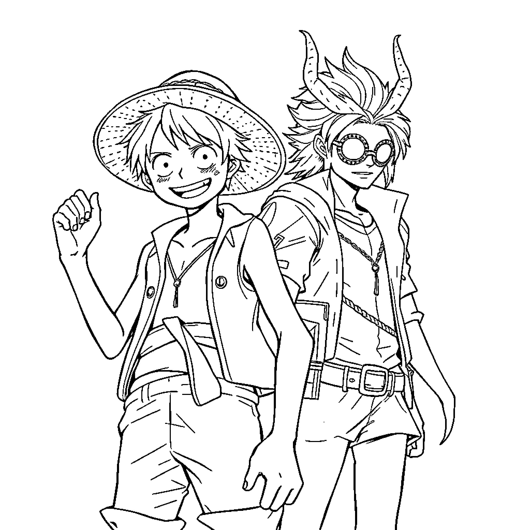 Monkey D Luffy and Portgas D Ace's Adventurous Outing Coloring Page (free black-and-white line drawing printable PDF for all, from beginners to advanced learners, including children, teens, adults, and seniors)