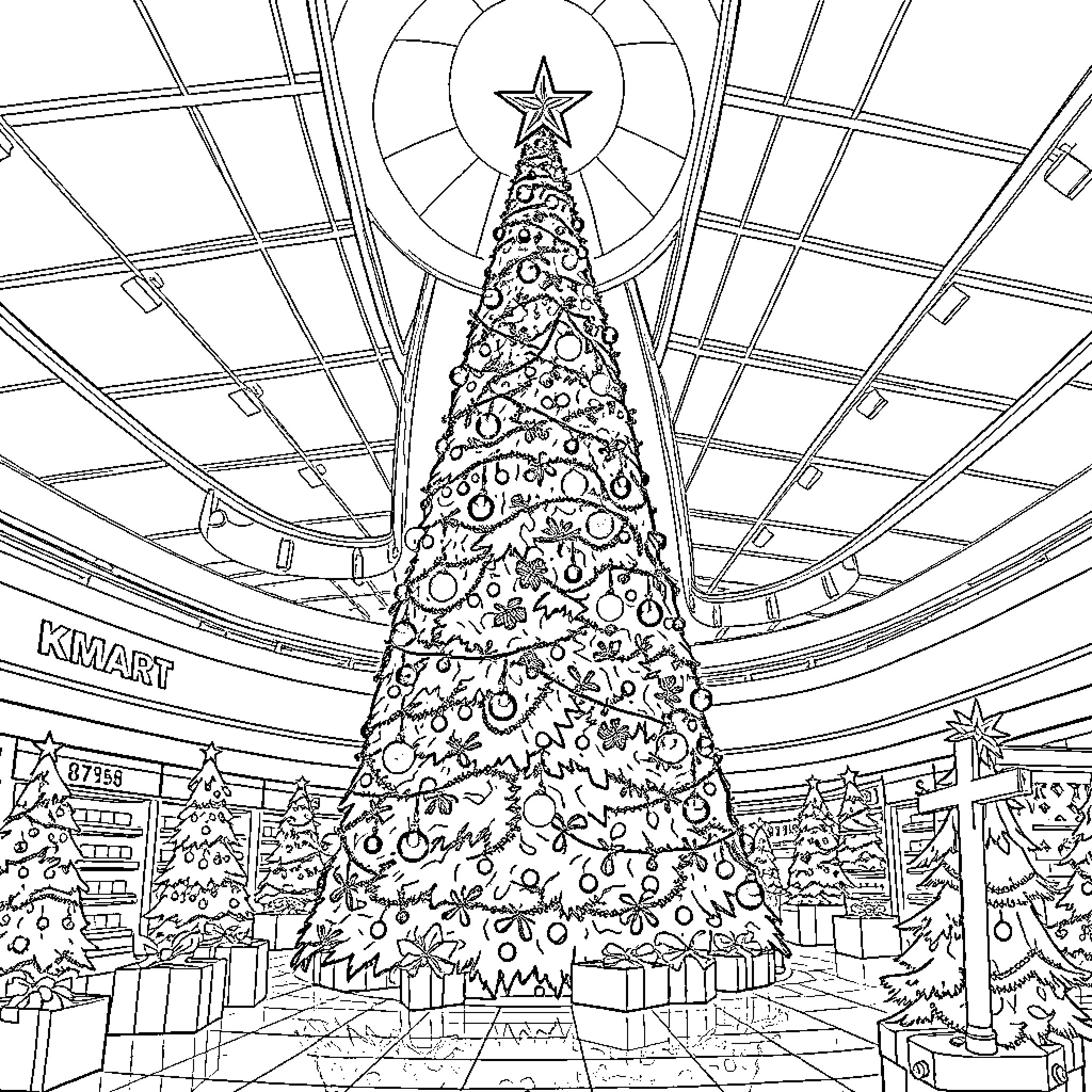 Christmas Decorations and Festive Store Display Coloring Page (free black-and-white line drawing printable PDF for all, from beginners to advanced learners, including children, teens, adults, and seniors)