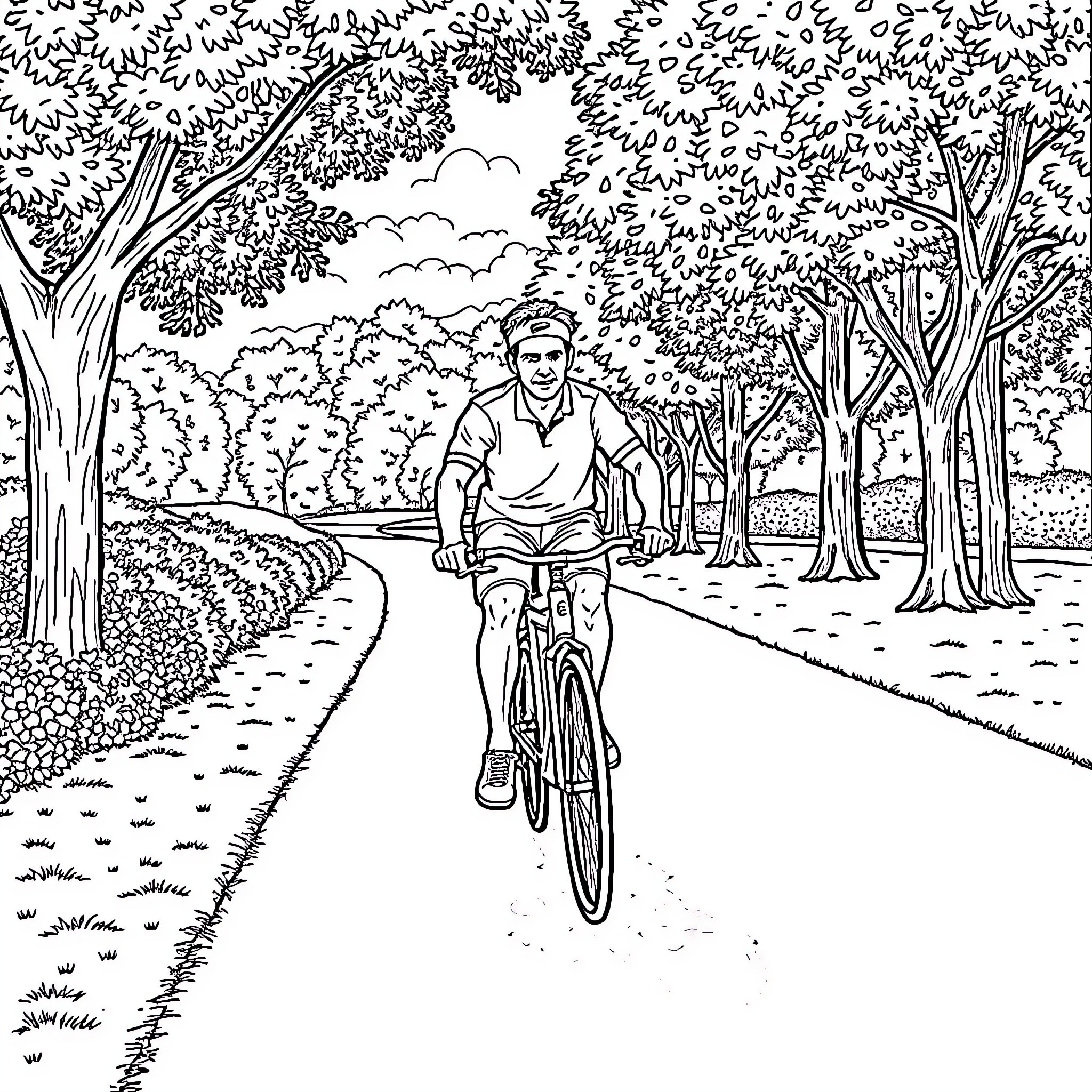 Federer biking through a scenic park Coloring Page (free black-and-white line drawing printable PDF for all, from beginners to advanced learners, including children, teens, adults, and seniors)