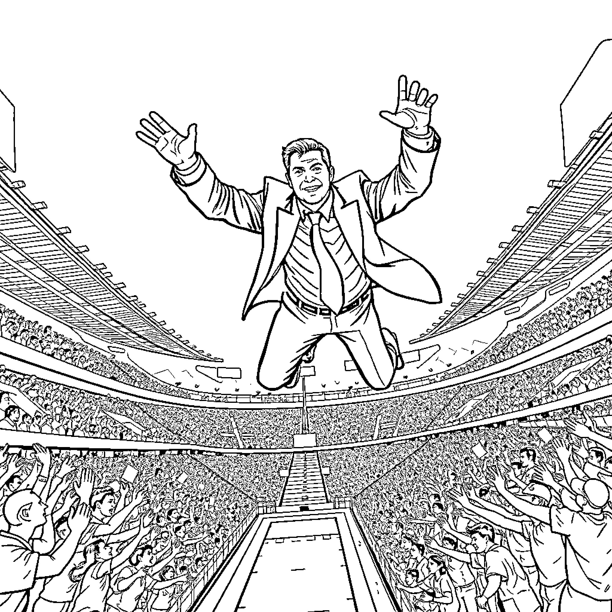 Business Man Celebrating Victory in Stadium Coloring Page (free black-and-white line drawing printable PDF for all, from beginners to advanced learners, including children, teens, adults, and seniors)
