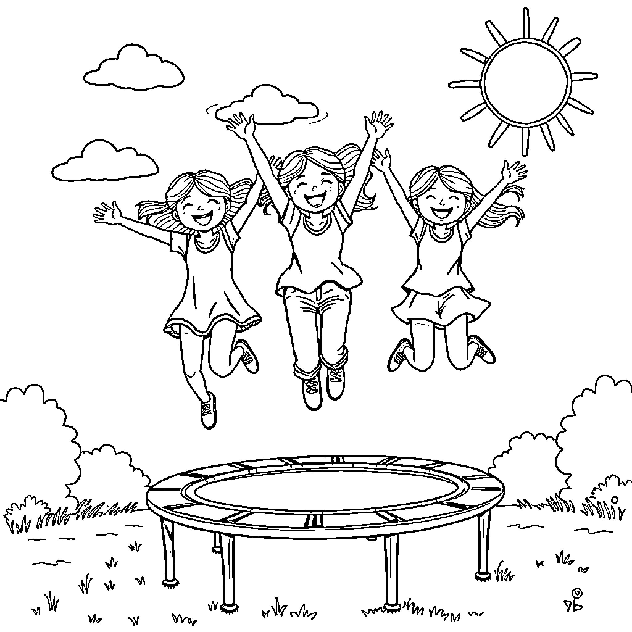 Girls Joyfully Jumping on Trampoline Outdoors Coloring Page (free black-and-white line drawing printable PDF for all, from beginners to advanced learners, including children, teens, adults, and seniors)