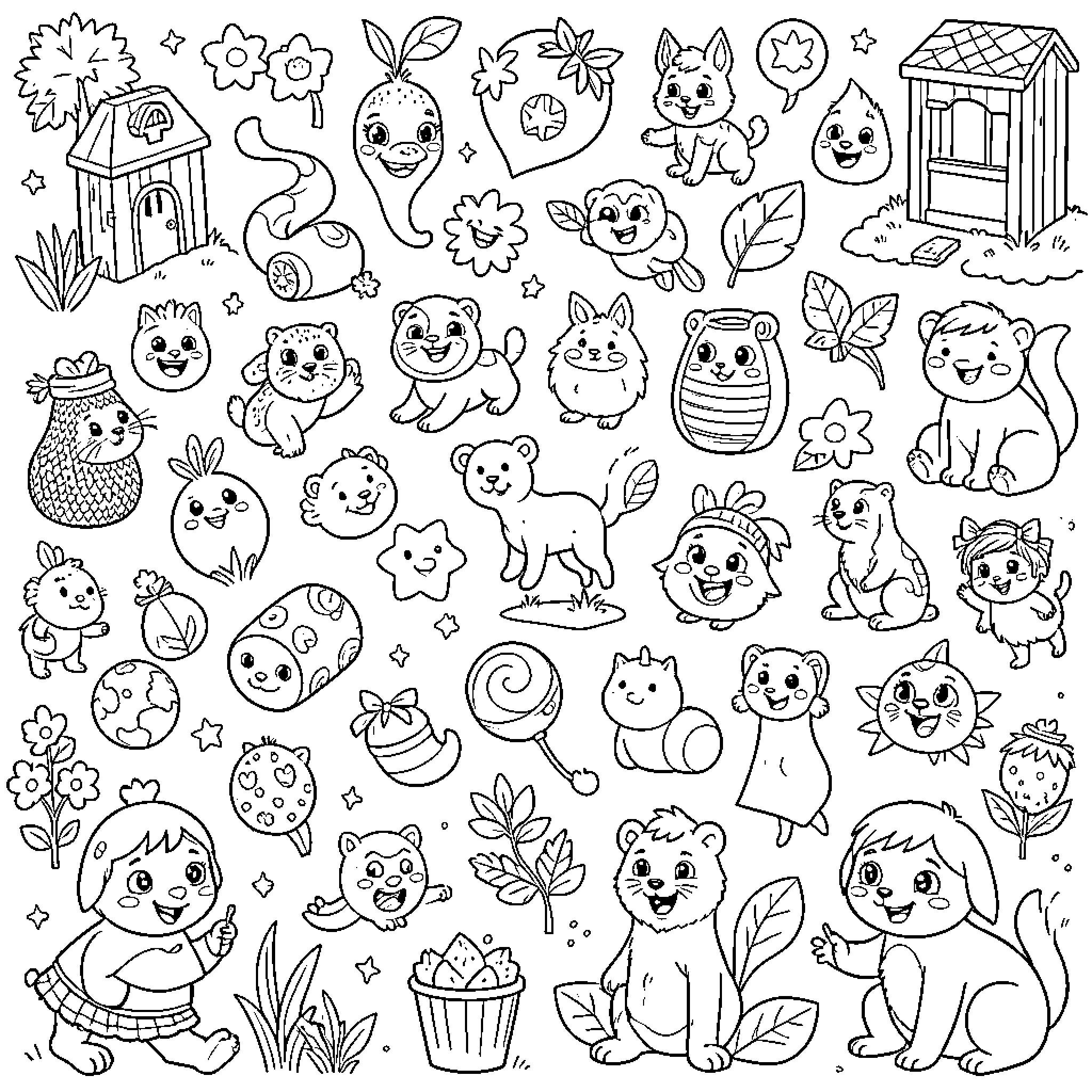 Book of Cute and Whimsical Characters Coloring Page (free black-and-white line drawing printable PDF for all, from beginners to advanced learners, including children, teens, adults, and seniors)