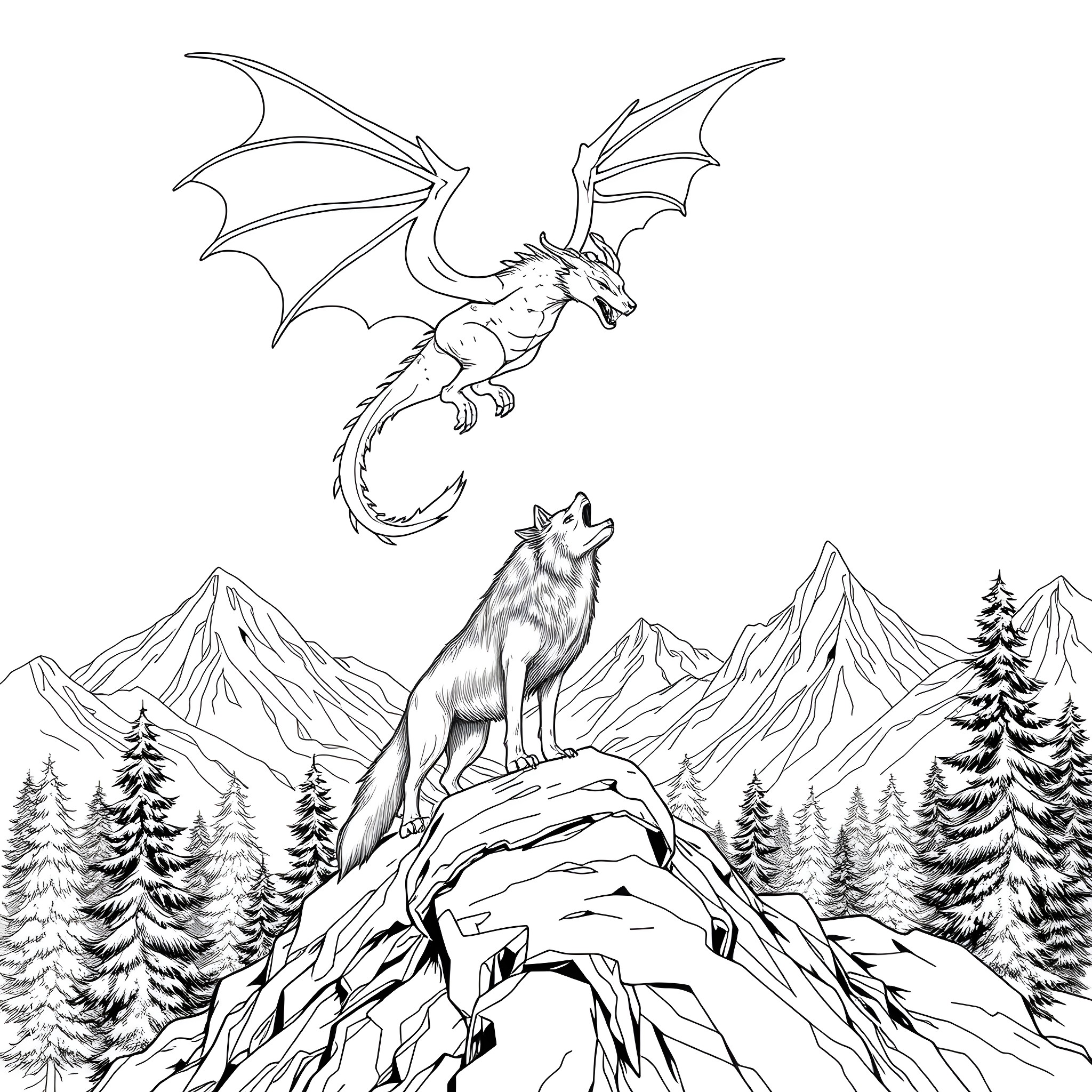 Dragon soaring over the majestic mountain landscape Coloring Page (free black-and-white line drawing printable PDF for all, from beginners to advanced learners, including children, teens, adults, and seniors)