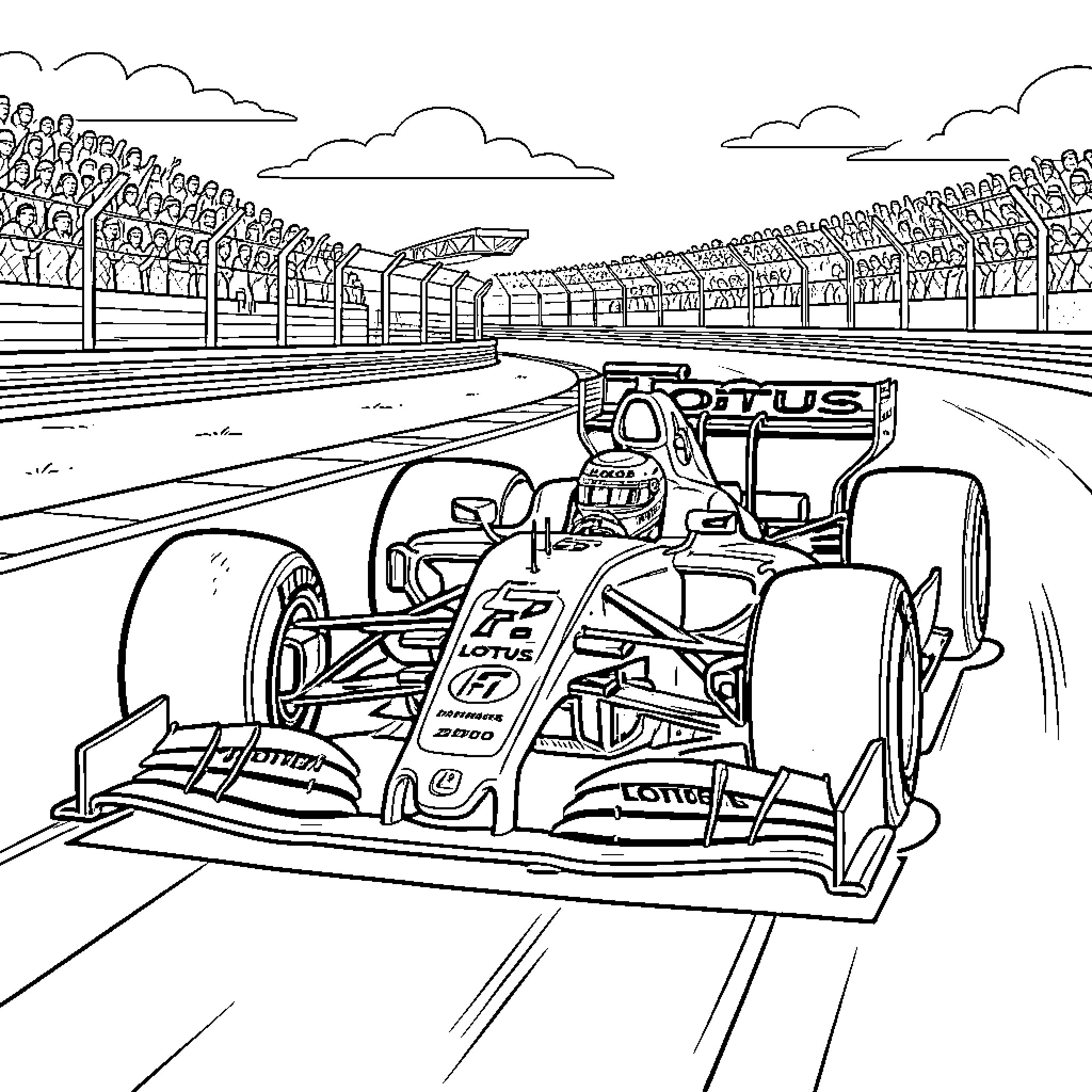 F1 Driver racing a Formula car on a track Coloring Page (free black-and-white line drawing printable PDF for all, from beginners to advanced learners, including children, teens, adults, and seniors)