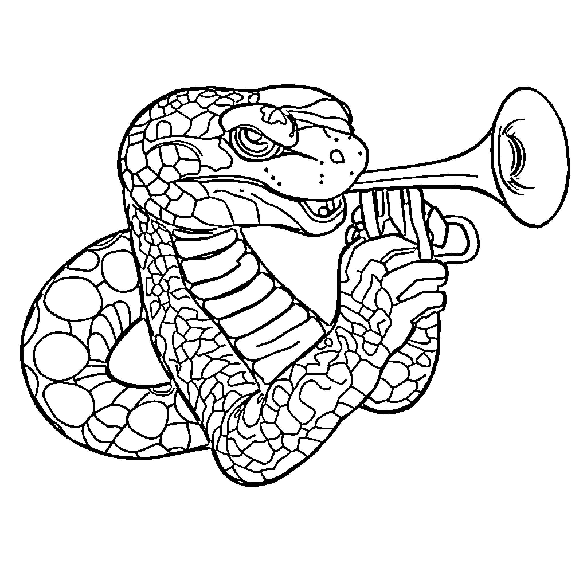 Snake playing musical instrument Coloring Page (free black-and-white line drawing printable PDF for all, from beginners to advanced learners, including children, teens, adults, and seniors)