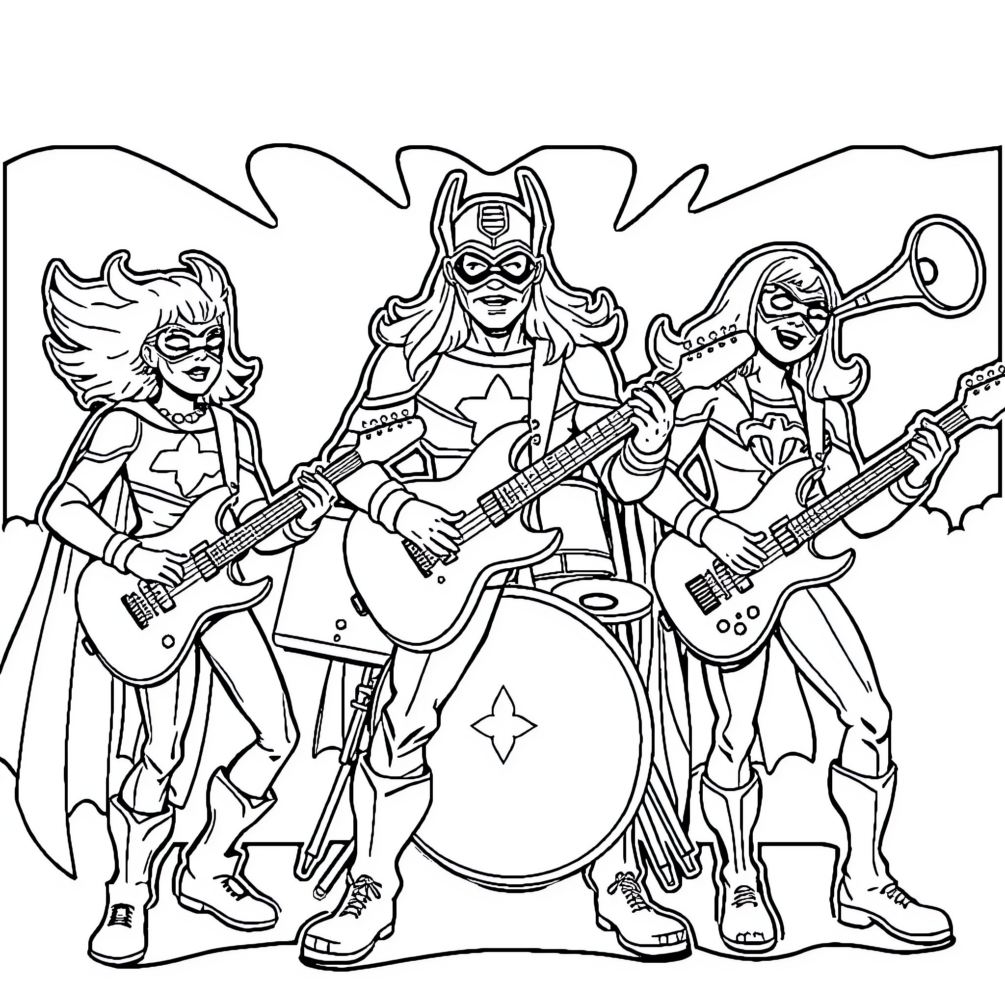Superhero rock band performing on stage Coloring Page (free black-and-white line drawing printable PDF for all, from beginners to advanced learners, including children, teens, adults, and seniors)