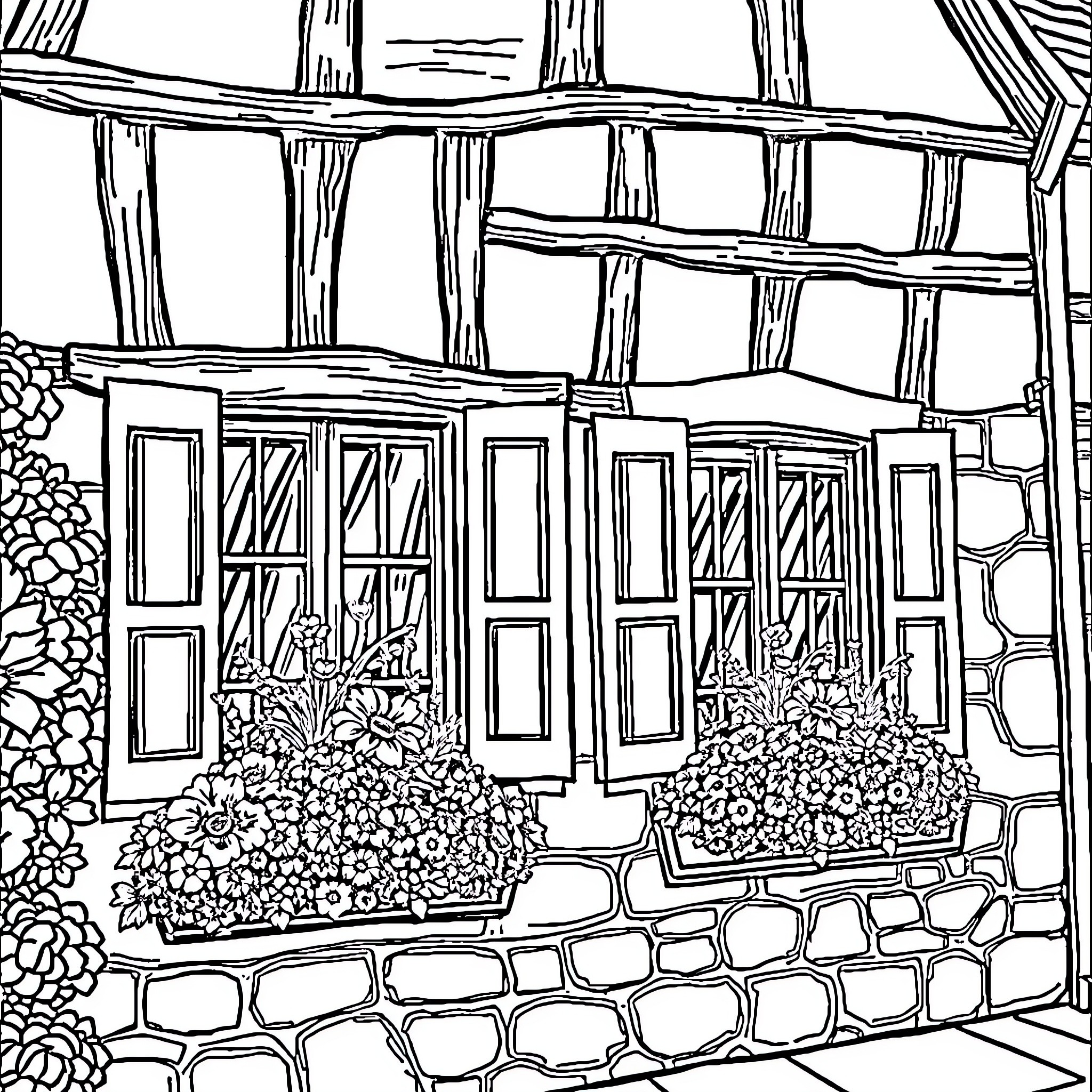 House with Intricate Architecture and Floral Decor Coloring Page (free black-and-white line drawing printable PDF for all, from beginners to advanced learners, including children, teens, adults, and seniors)