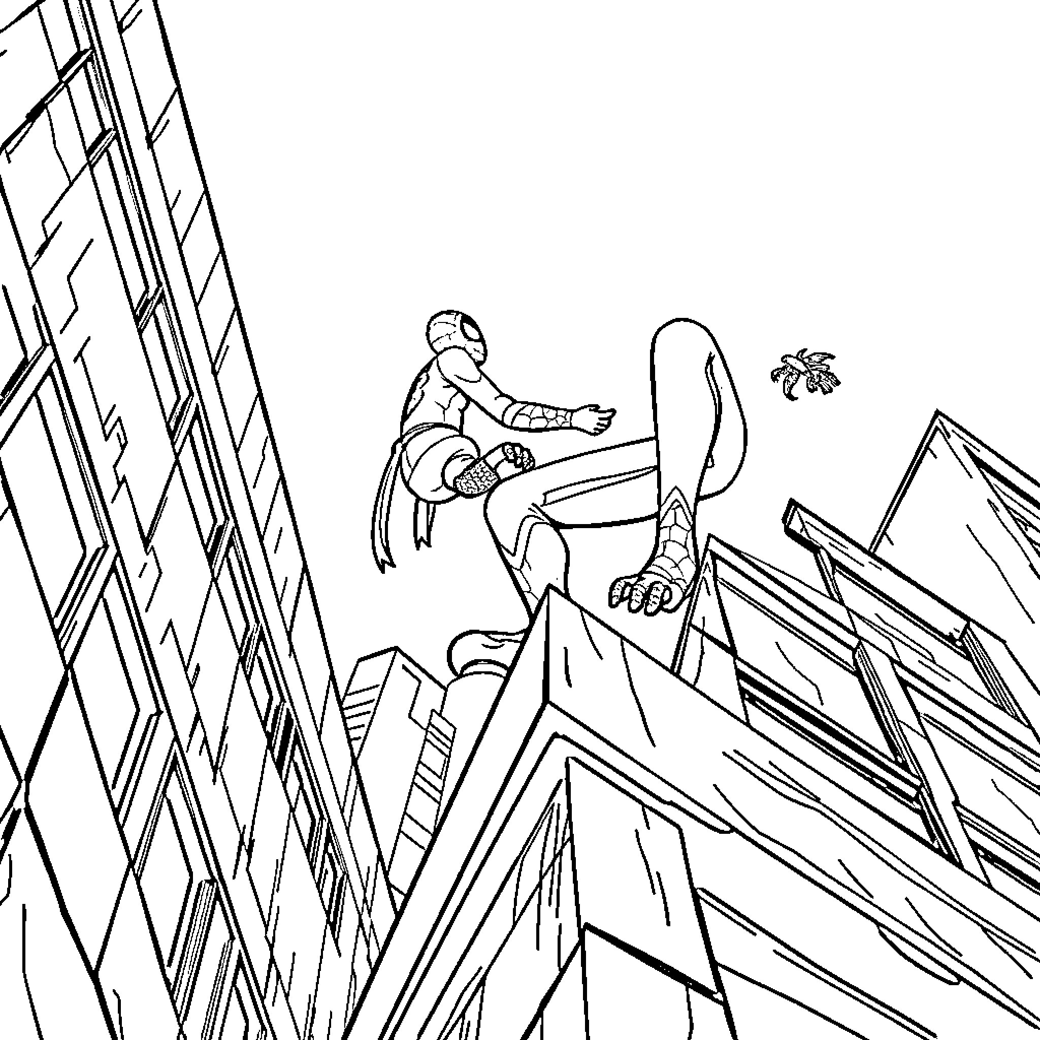 Spider-Man swinging through the city with action and adventure Coloring Page (free black-and-white line drawing printable PDF for all, from beginners to advanced learners, including children, teens, adults, and seniors)