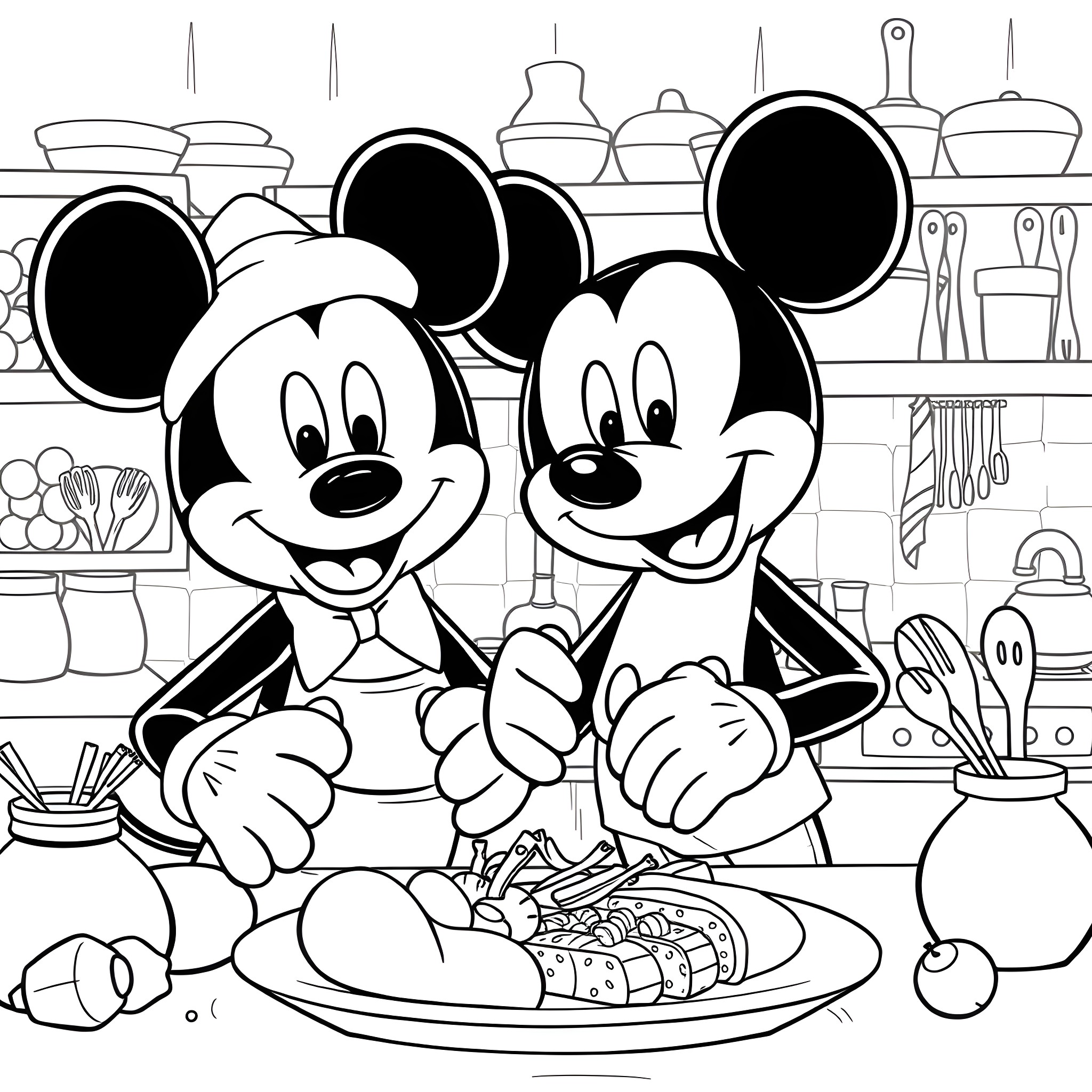 Mickey Mouse and friend cooking in the kitchen Coloring Page (free black-and-white line drawing printable PDF for all, from beginners to advanced learners, including children, teens, adults, and seniors)