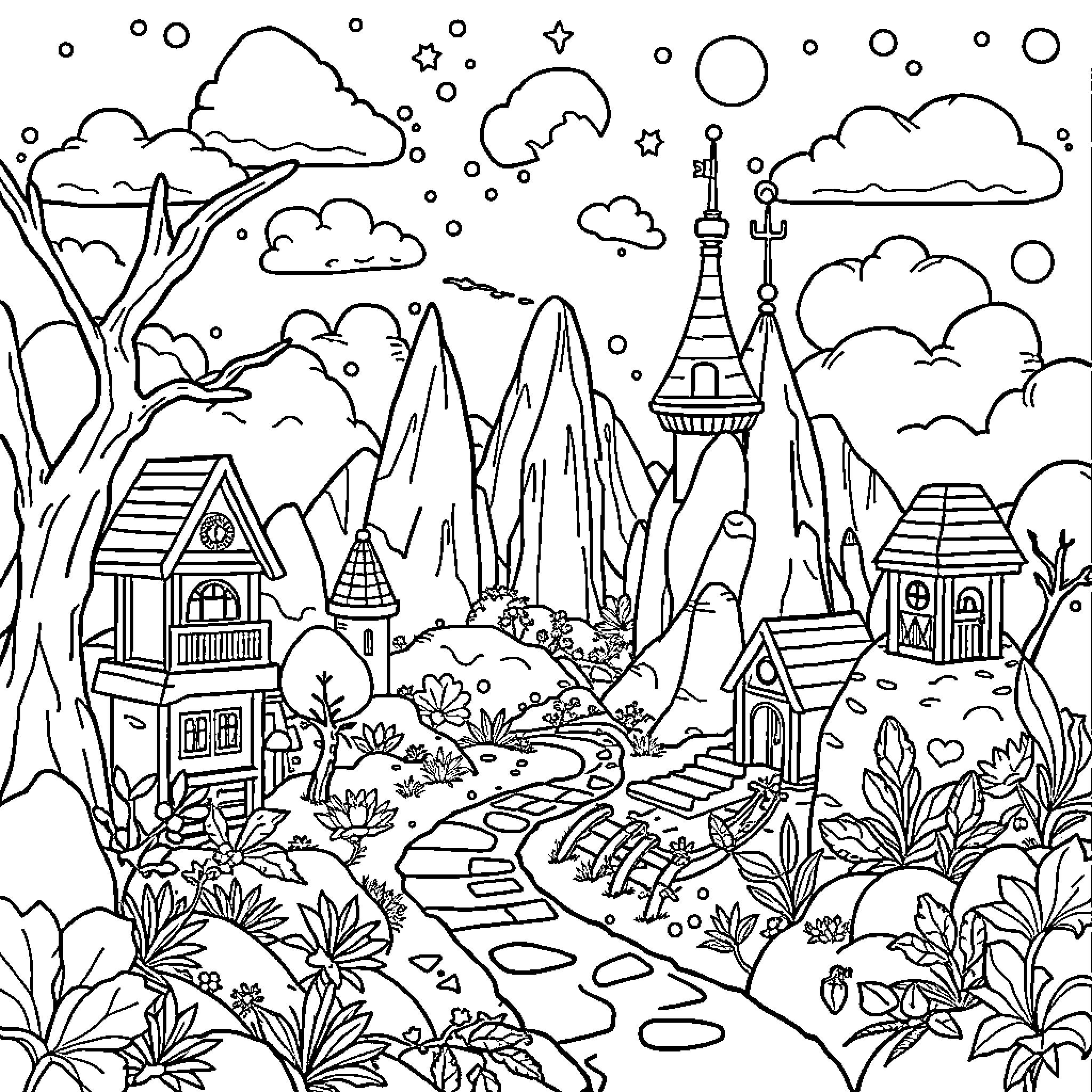 Minecraft Magical Village with Whimsical Landscapes Coloring Page (free black-and-white line drawing printable PDF for all, from beginners to advanced learners, including children, teens, adults, and seniors)