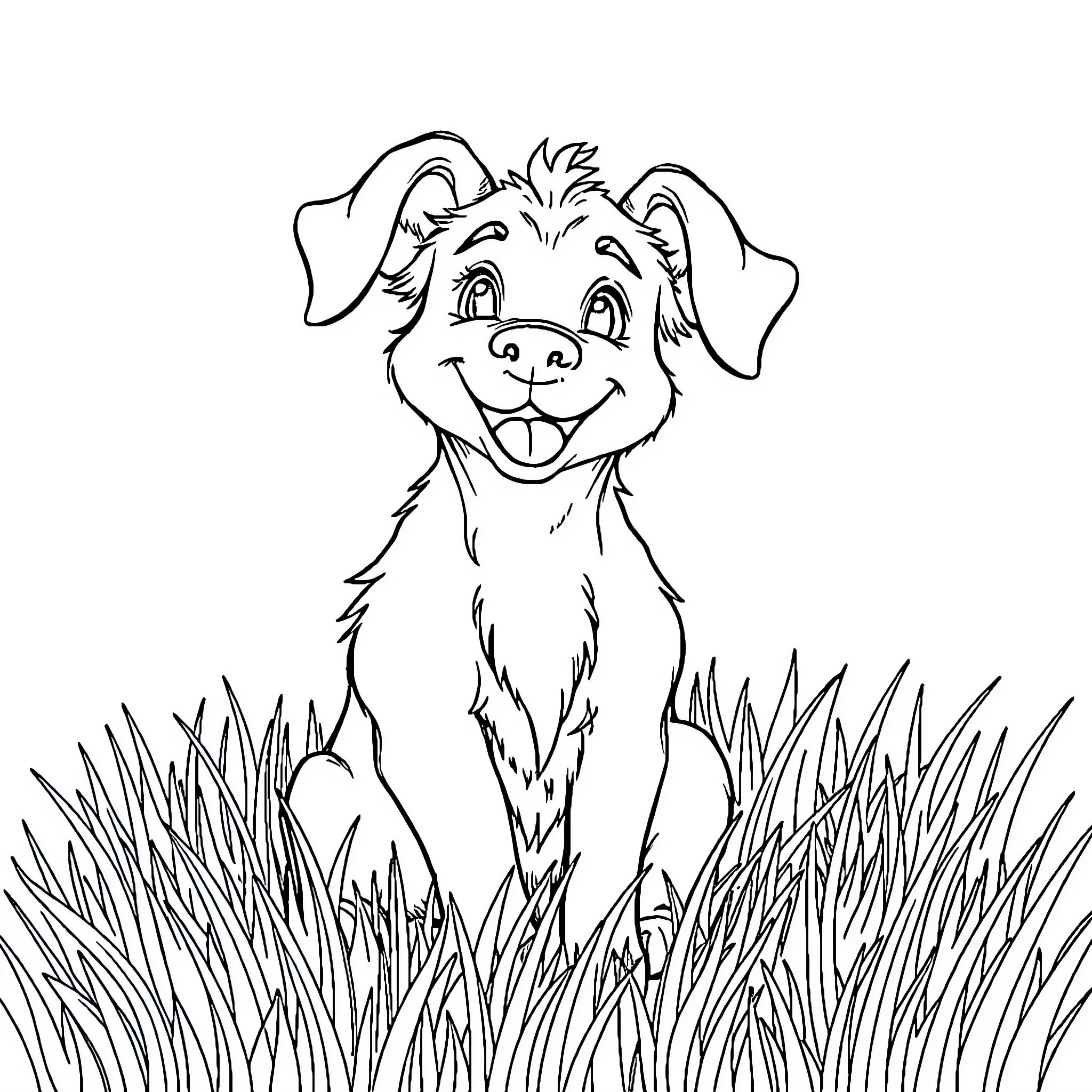 Dog happily playing in the grass Coloring Page (free black-and-white line drawing printable PDF for all, from beginners to advanced learners, including children, teens, adults, and seniors)