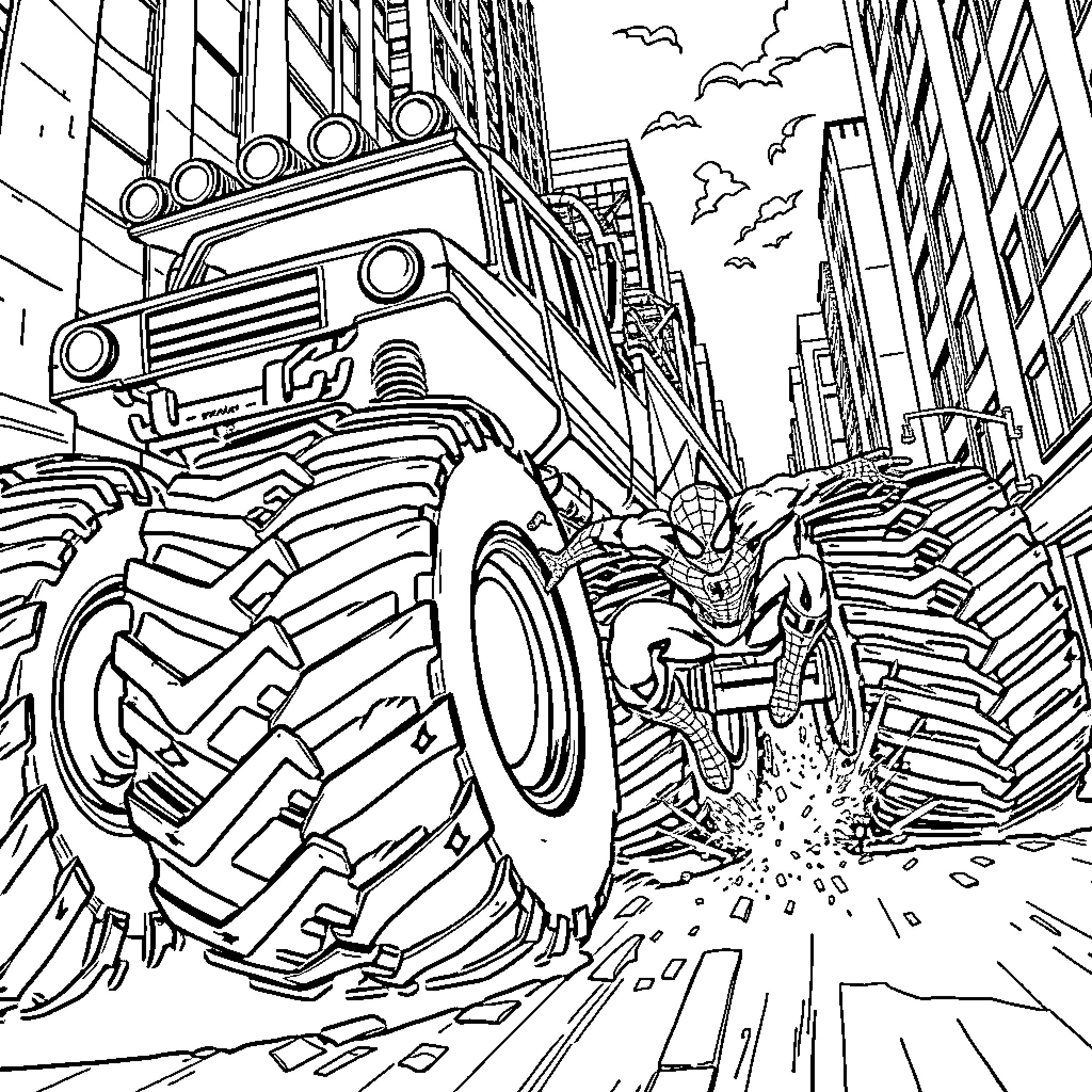 Monster Truck Causing Chaos in the City Coloring Page (free black-and-white line drawing printable PDF for all, from beginners to advanced learners, including children, teens, adults, and seniors)