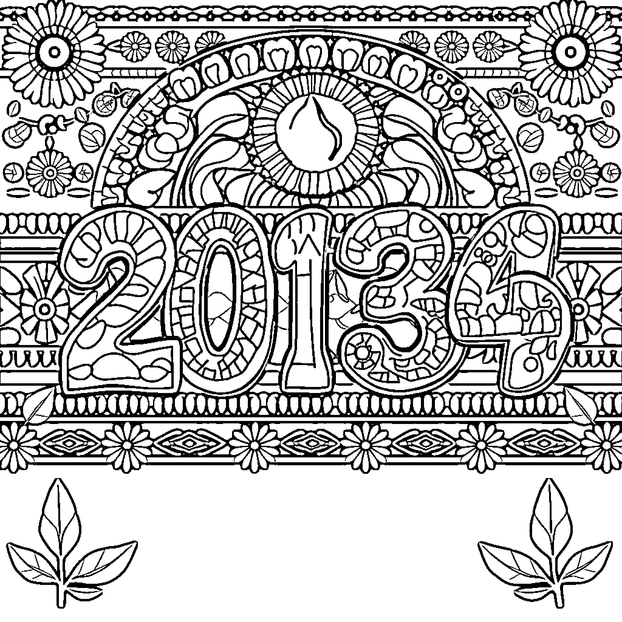 Number 2013 in abstract floral pattern Coloring Page (free black-and-white line drawing printable PDF for all, from beginners to advanced learners, including children, teens, adults, and seniors)