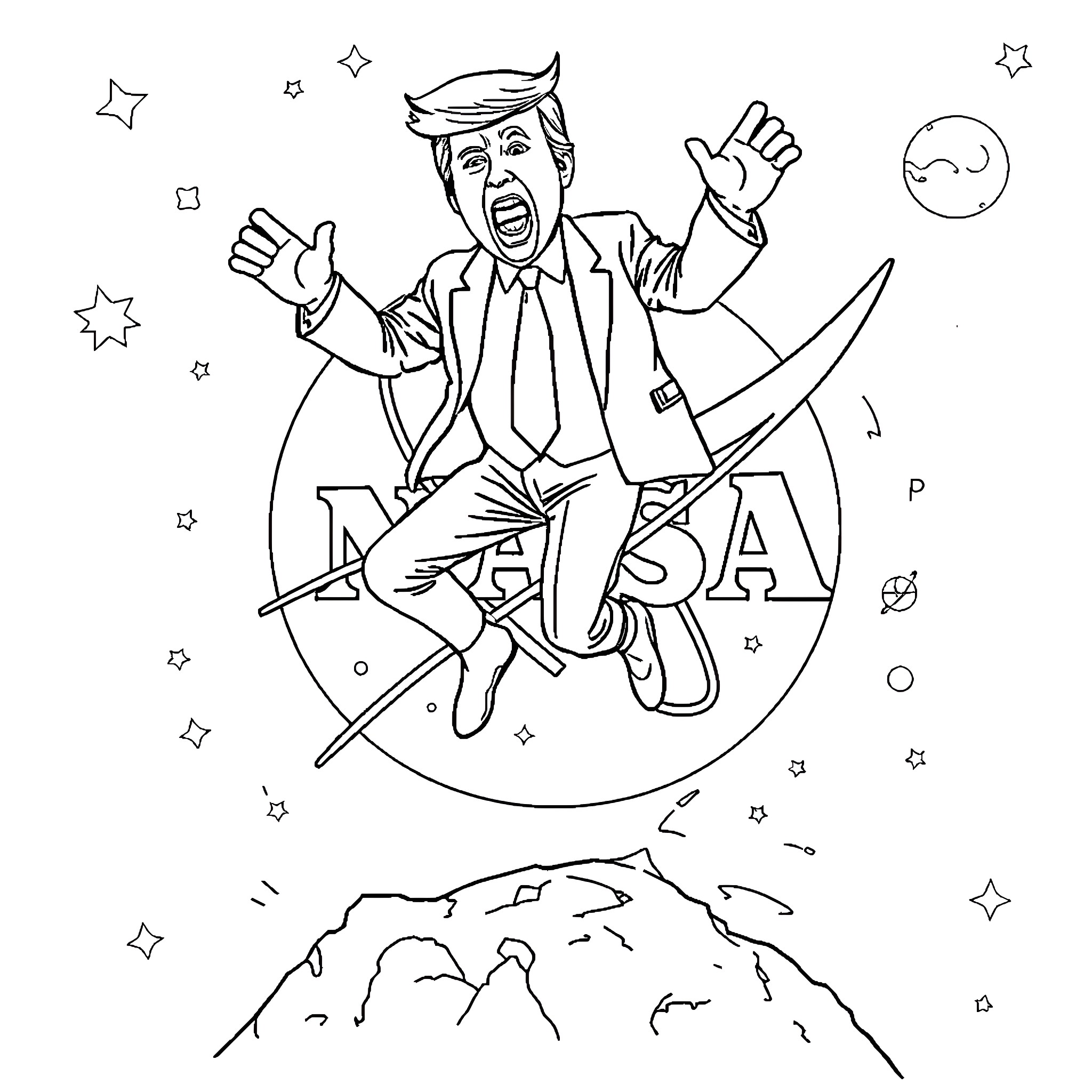Donald Trump Riding Chaos Across the Galaxy Coloring Page (free black-and-white line drawing printable PDF for all, from beginners to advanced learners, including children, teens, adults, and seniors)
