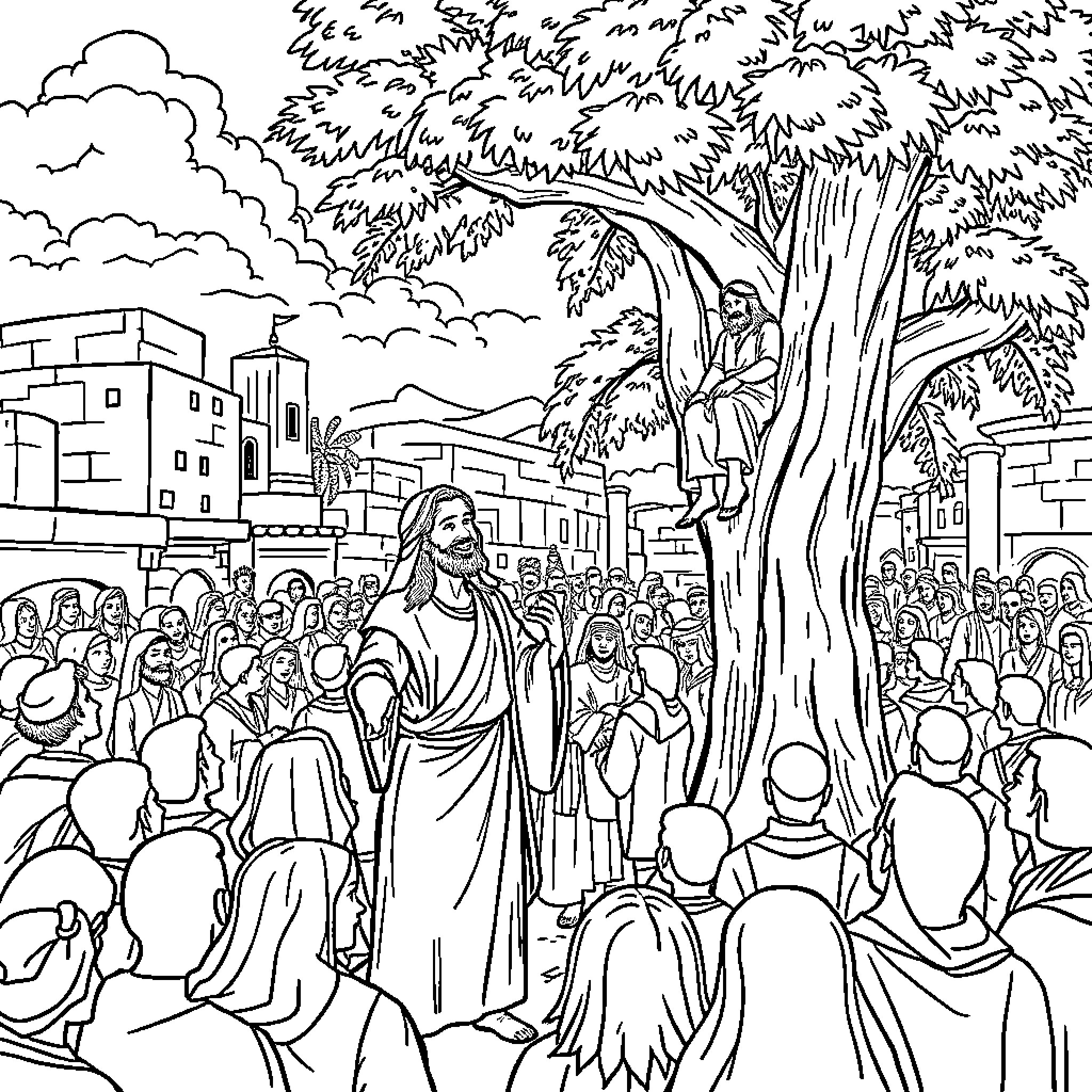 Jesus Preaching to a Crowd in the City Coloring Page (free black-and-white line drawing printable PDF for all, from beginners to advanced learners, including children, teens, adults, and seniors)