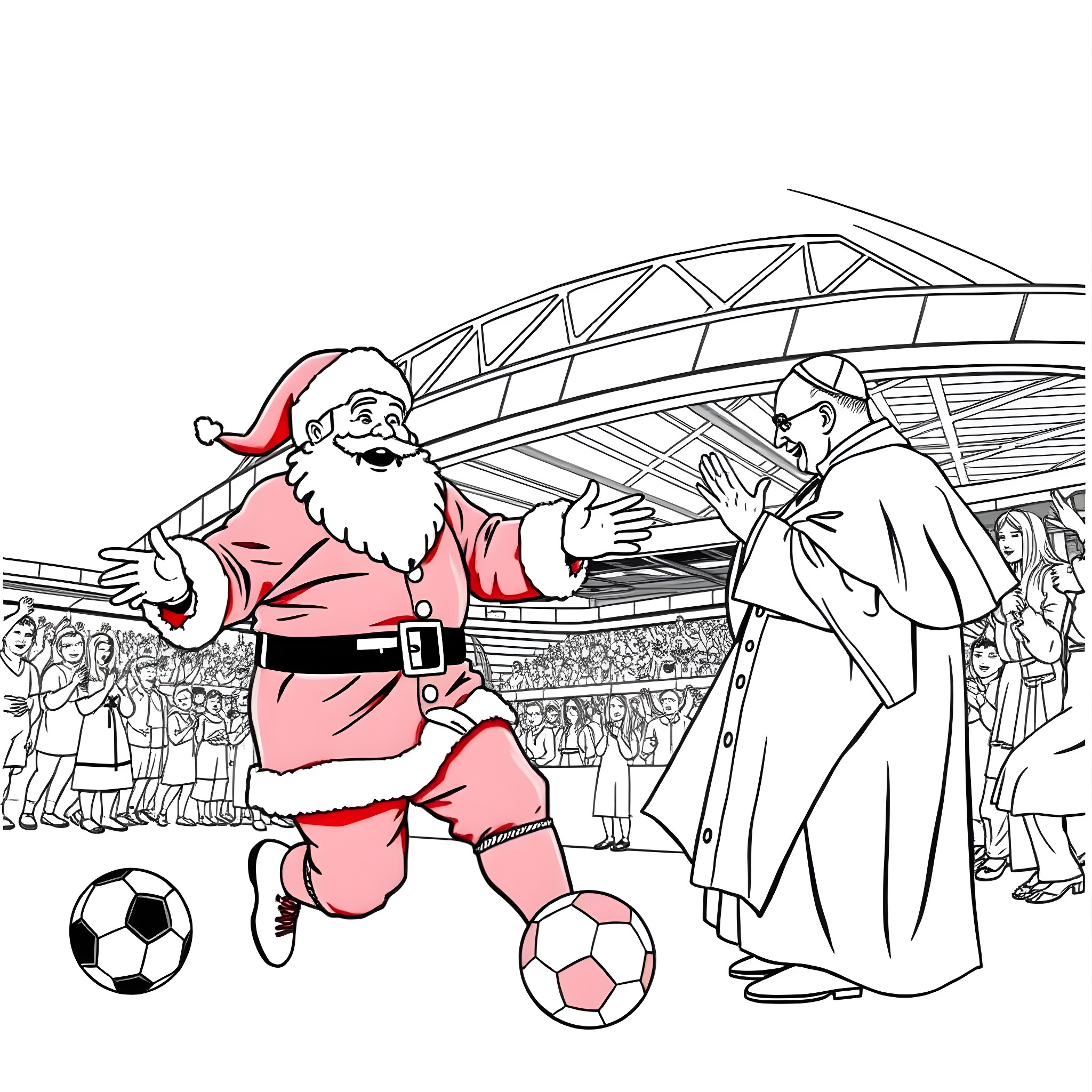 Santa playing soccer with child at the stadium Coloring Page (free black-and-white line drawing printable PDF for all, from beginners to advanced learners, including children, teens, adults, and seniors)