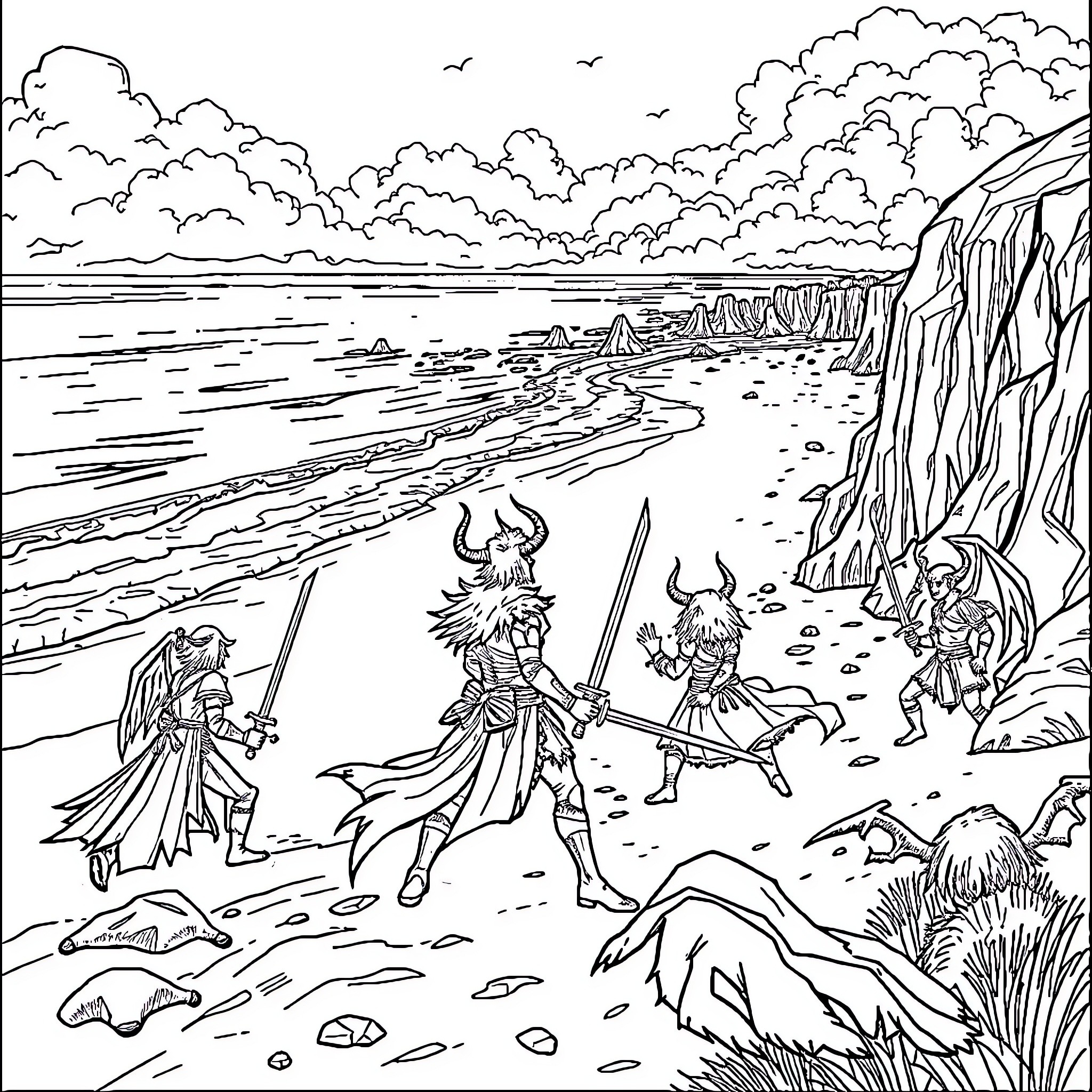 Outer Banks adventure with mythical creatures Coloring Page (free black-and-white line drawing printable PDF for all, from beginners to advanced learners, including children, teens, adults, and seniors)