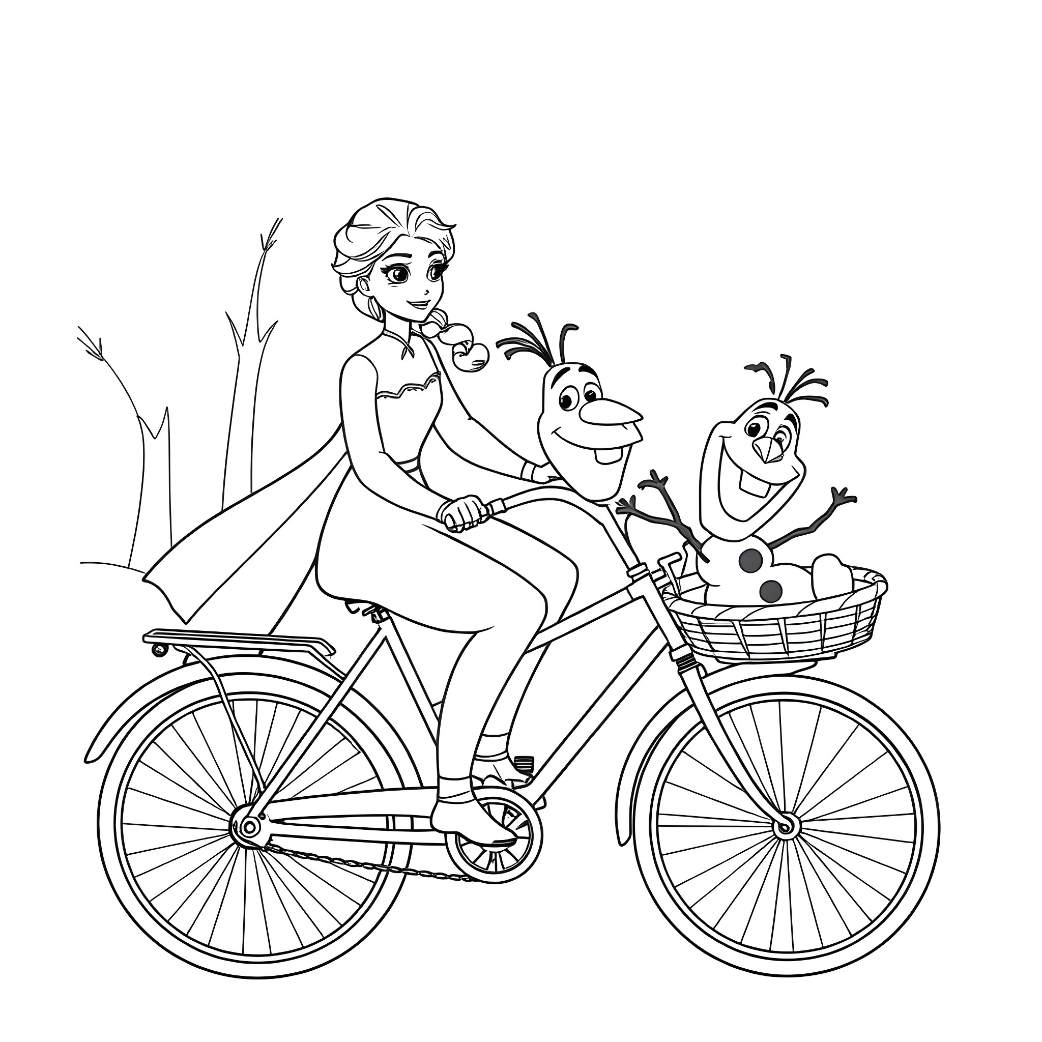 Elsa and Olaf enjoying a bike ride together Coloring Page (free black-and-white line drawing printable PDF for all, from beginners to advanced learners, including children, teens, adults, and seniors)
