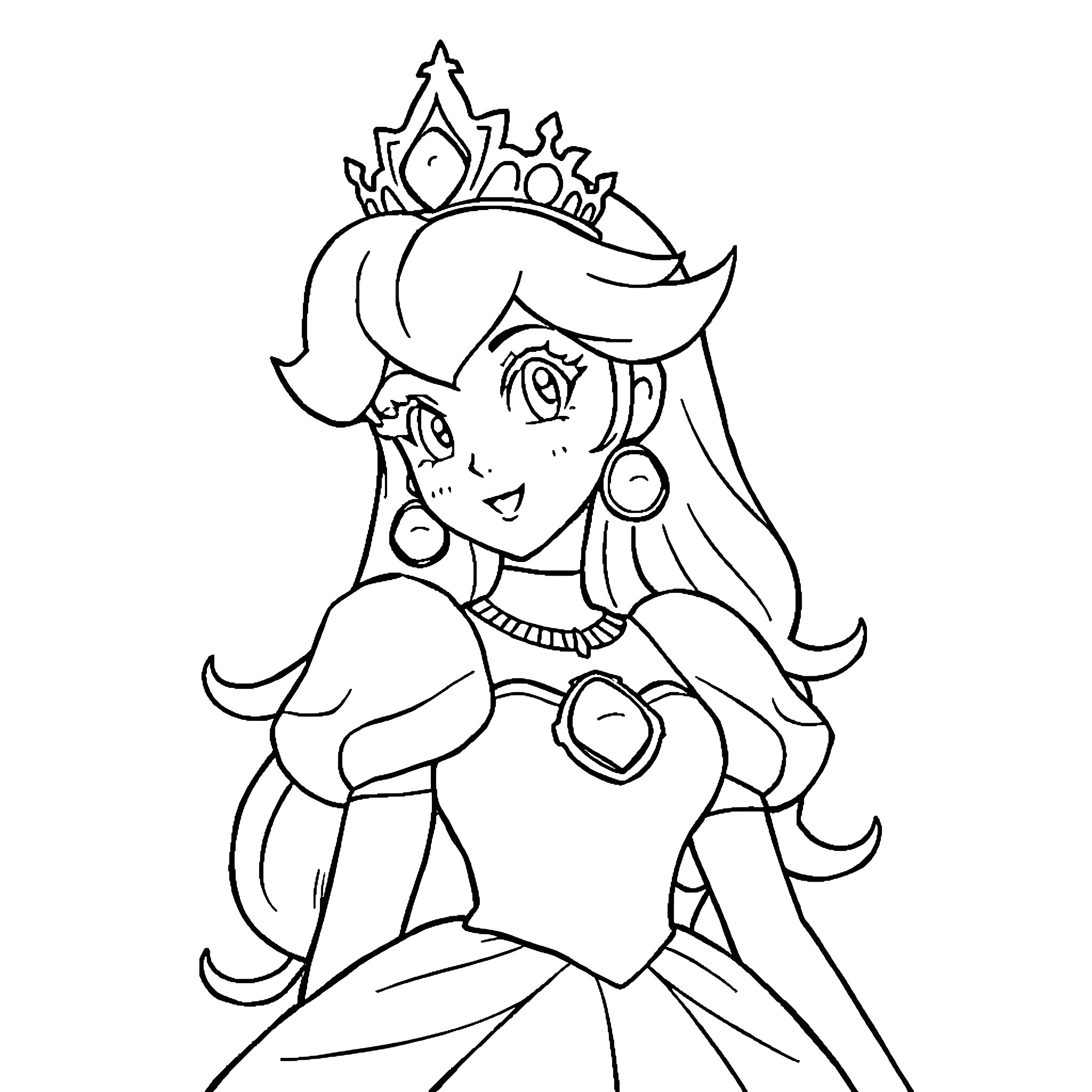 Princess Peach in royal attire and jewels Coloring Page (free black-and-white line drawing printable PDF for all, from beginners to advanced learners, including children, teens, adults, and seniors)