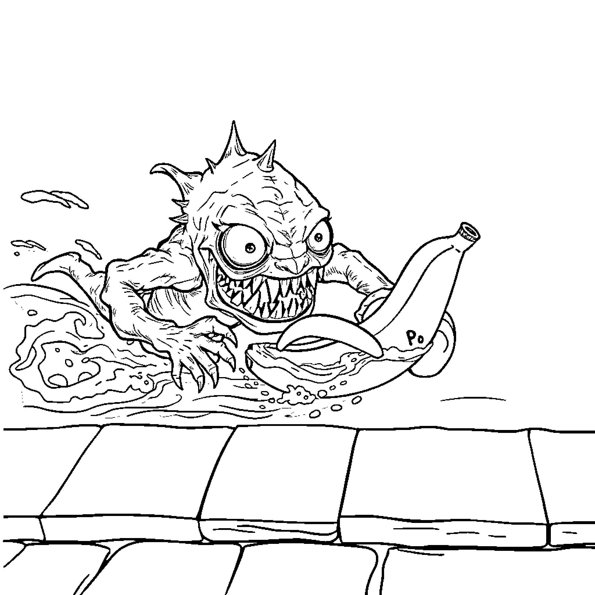 Monster Creature Emerging from Water with Banana Coloring Page (free black-and-white line drawing printable PDF for all, from beginners to advanced learners, including children, teens, adults, and seniors)