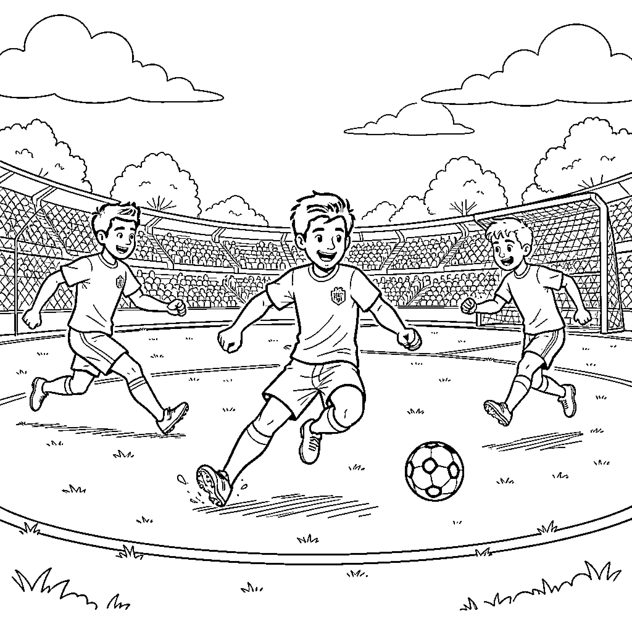 Daddy and his sons playing soccer in a stadium Coloring Page (free black-and-white line drawing printable PDF for all, from beginners to advanced learners, including children, teens, adults, and seniors)
