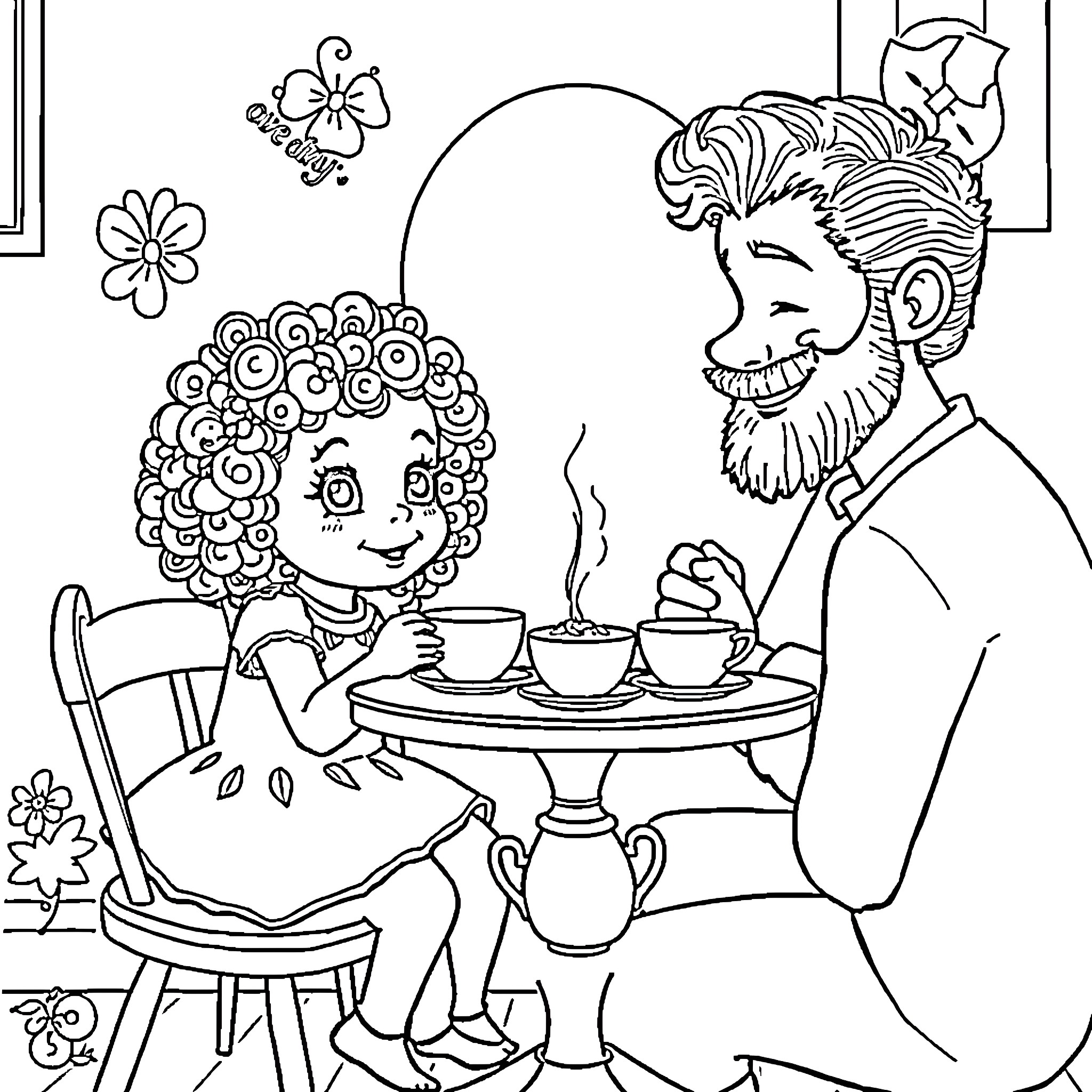 Girl Enjoys Tea Time with Bearded Man Coloring Page (free black-and-white line drawing printable PDF for all, from beginners to advanced learners, including children, teens, adults, and seniors)