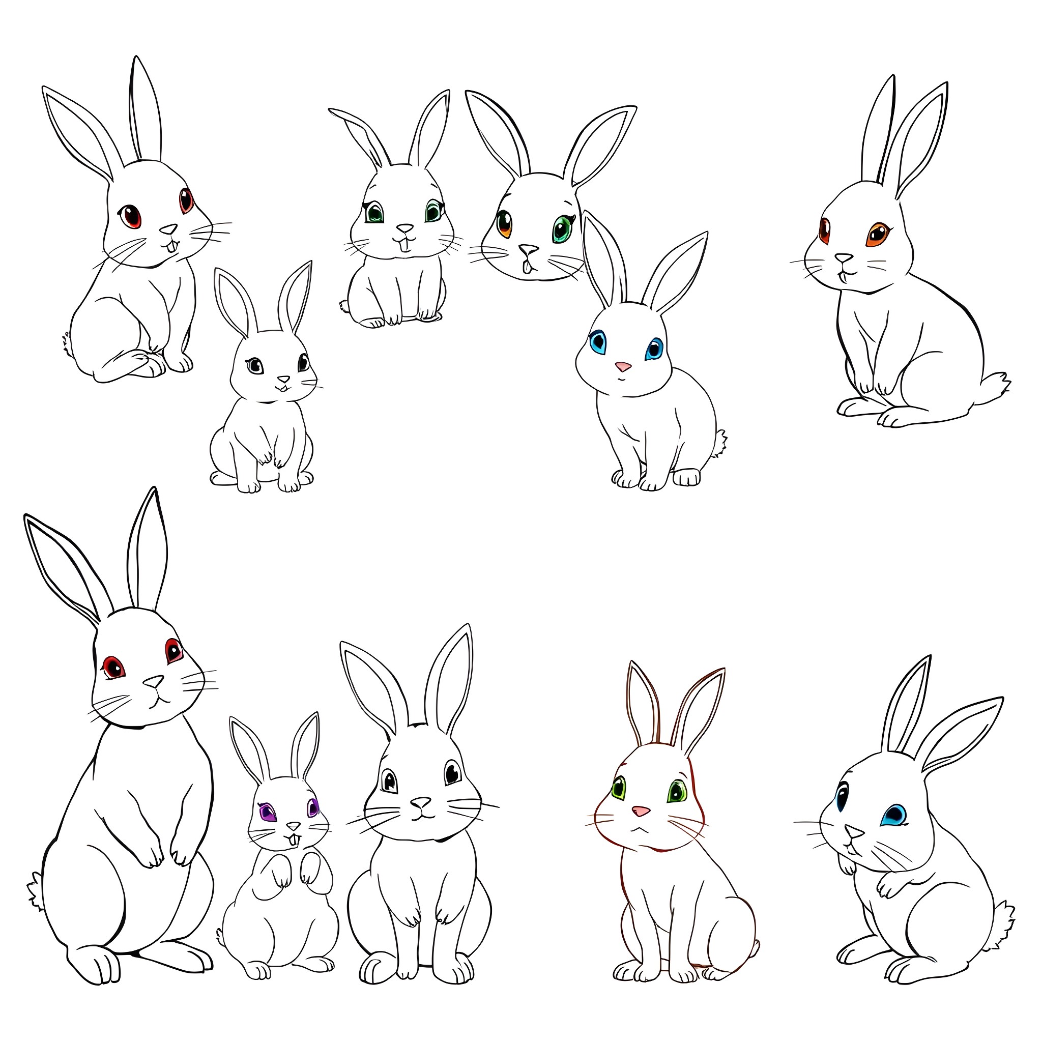 Rabbit friends in various poses Coloring Page (free black-and-white line drawing printable PDF for all, from beginners to advanced learners, including children, teens, adults, and seniors)