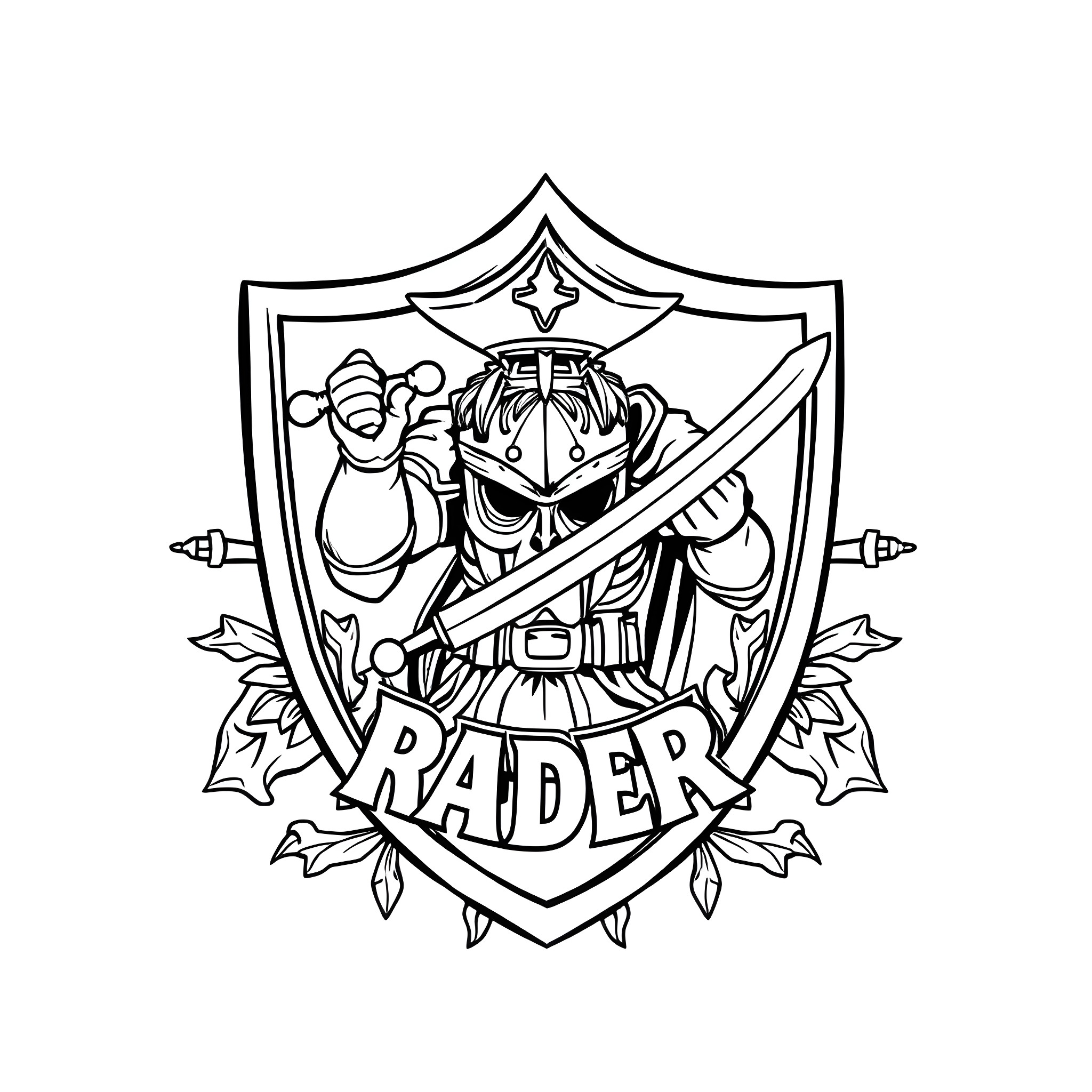 Raider warrior brandishing sword and shield Coloring Page (free black-and-white line drawing printable PDF for all, from beginners to advanced learners, including children, teens, adults, and seniors)
