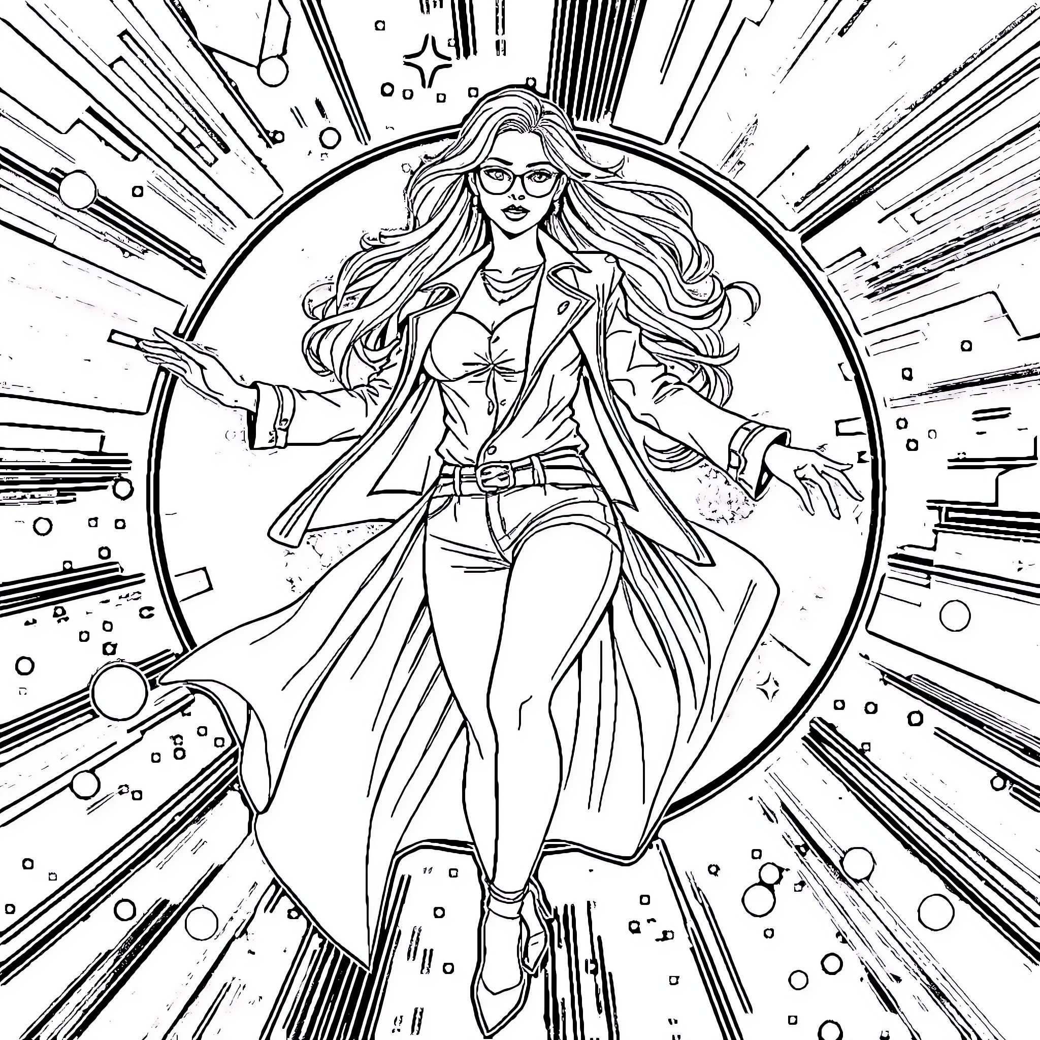 Mom's heroic fashion in the cosmic backdrop Coloring Page (free black-and-white line drawing printable PDF for all, from beginners to advanced learners, including children, teens, adults, and seniors)
