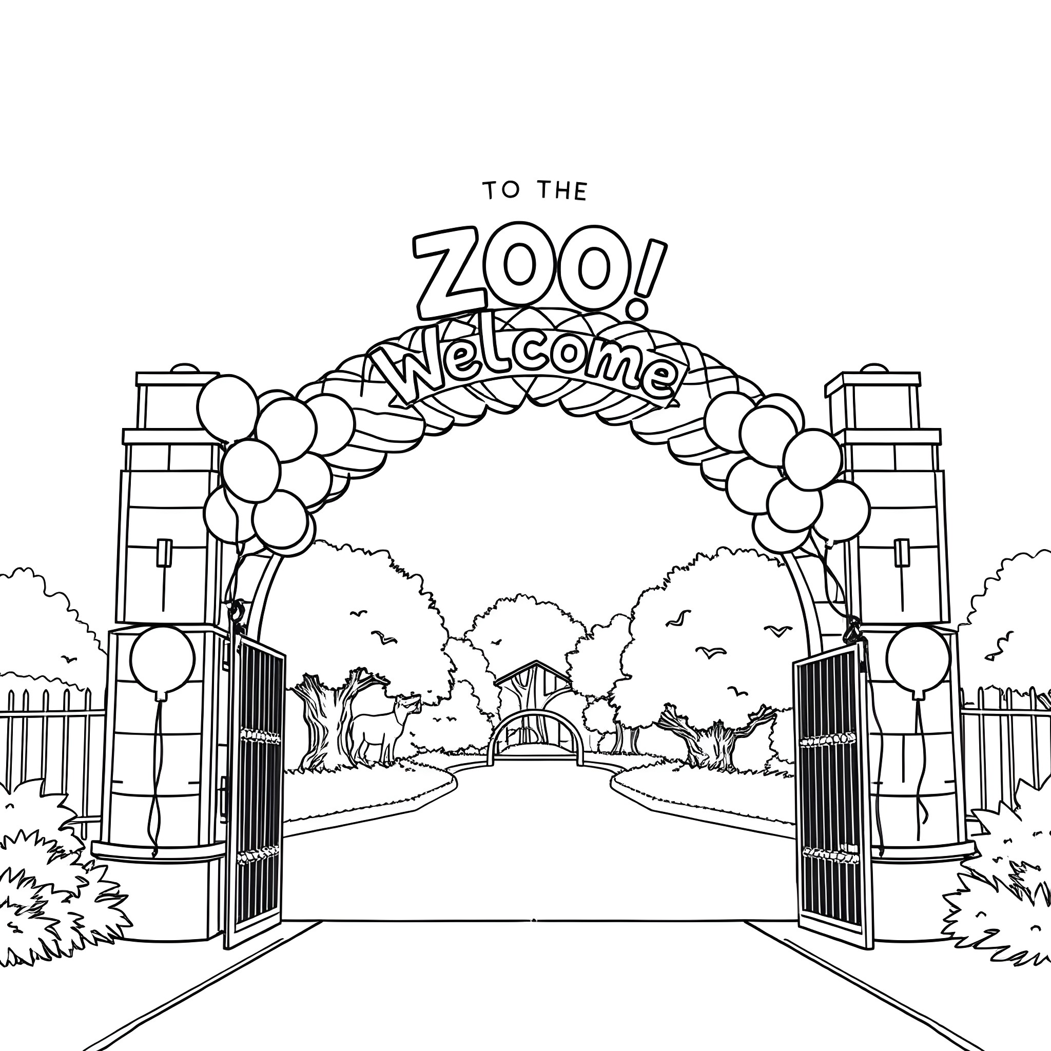 Zoo Welcome Gate Arch Coloring Page (free black-and-white line drawing printable PDF for all, from beginners to advanced learners, including children, teens, adults, and seniors)