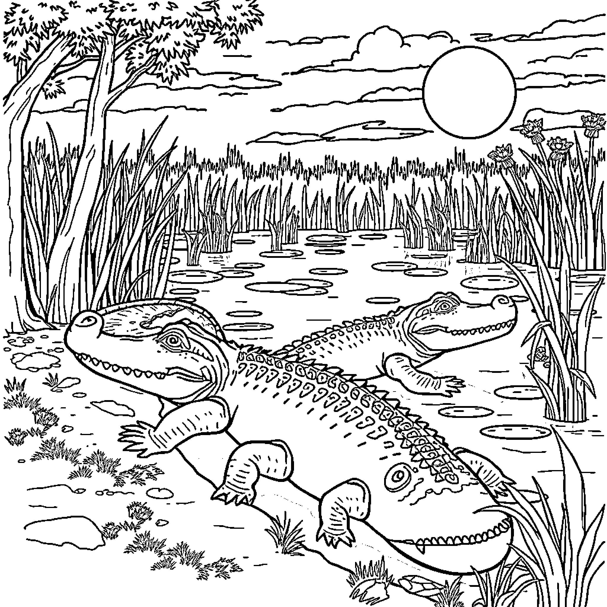 Gator relaxing in a lush swamp landscape Coloring Page (free black-and-white line drawing printable PDF for all, from beginners to advanced learners, including children, teens, adults, and seniors)