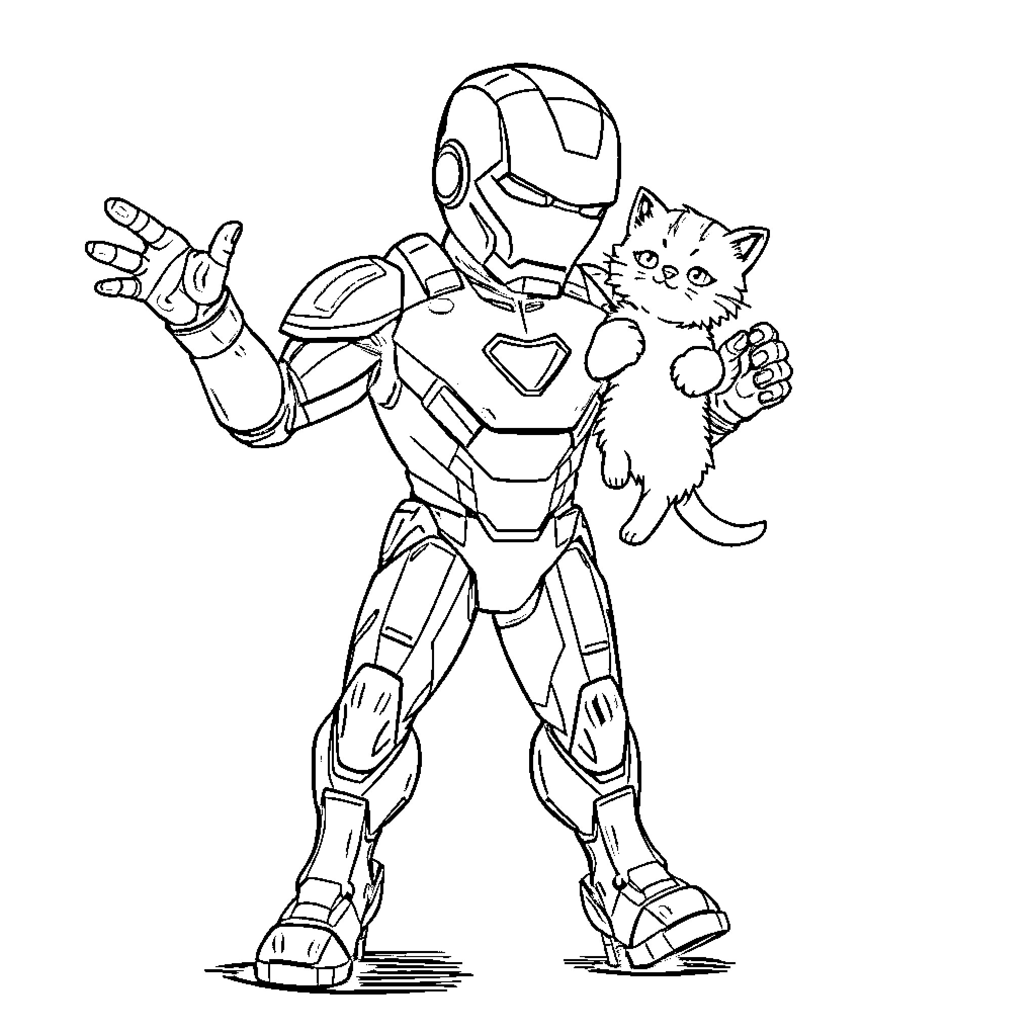 Ironman playing with a cute kitten Coloring Page (free black-and-white line drawing printable PDF for all, from beginners to advanced learners, including children, teens, adults, and seniors)