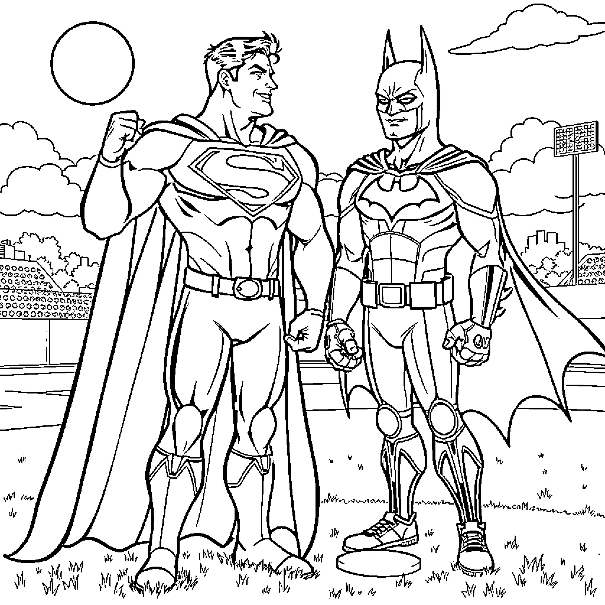 Superman and Batman heroic duo in action Coloring Page (free black-and-white line drawing printable PDF for all, from beginners to advanced learners, including children, teens, adults, and seniors)