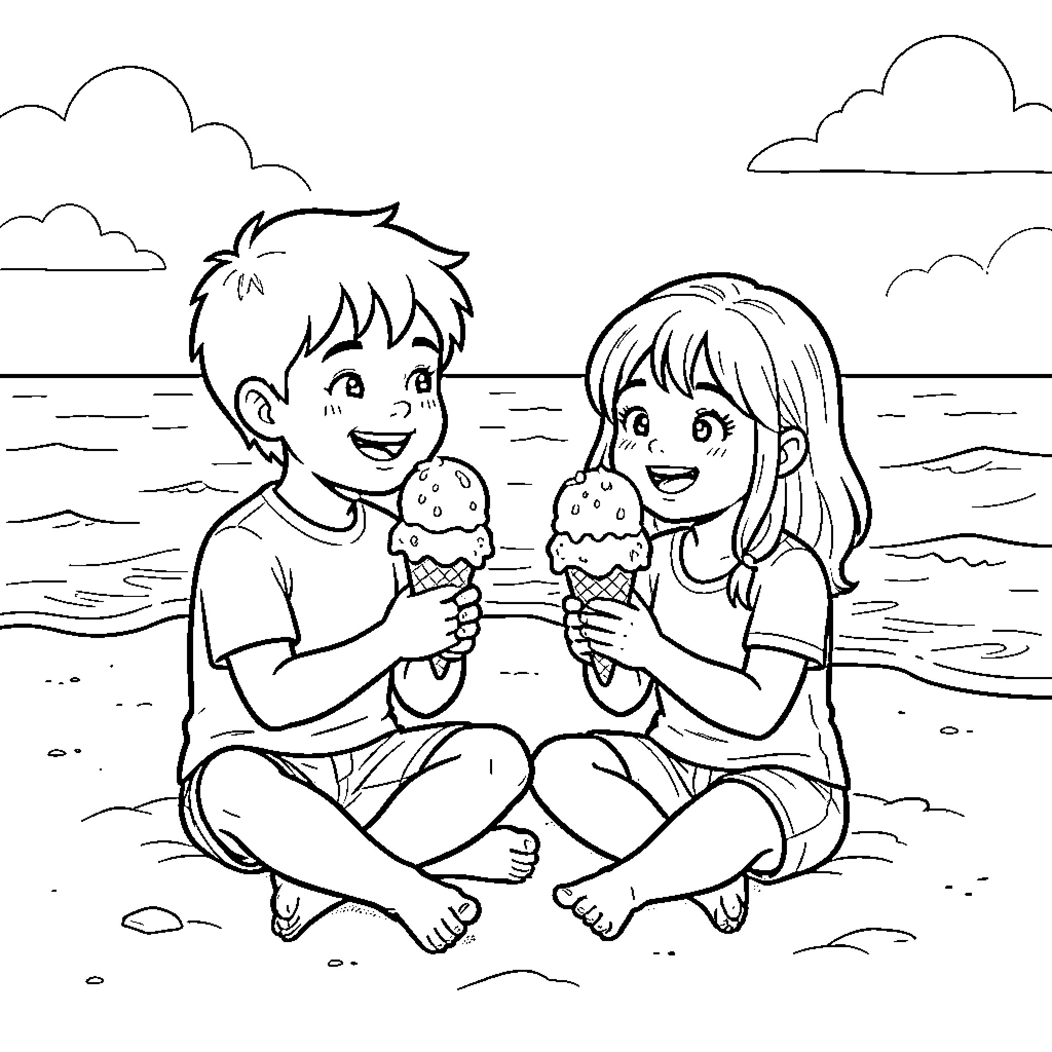 Child friends enjoying ice cream at the beach Coloring Page (free black-and-white line drawing printable PDF for all, from beginners to advanced learners, including children, teens, adults, and seniors)