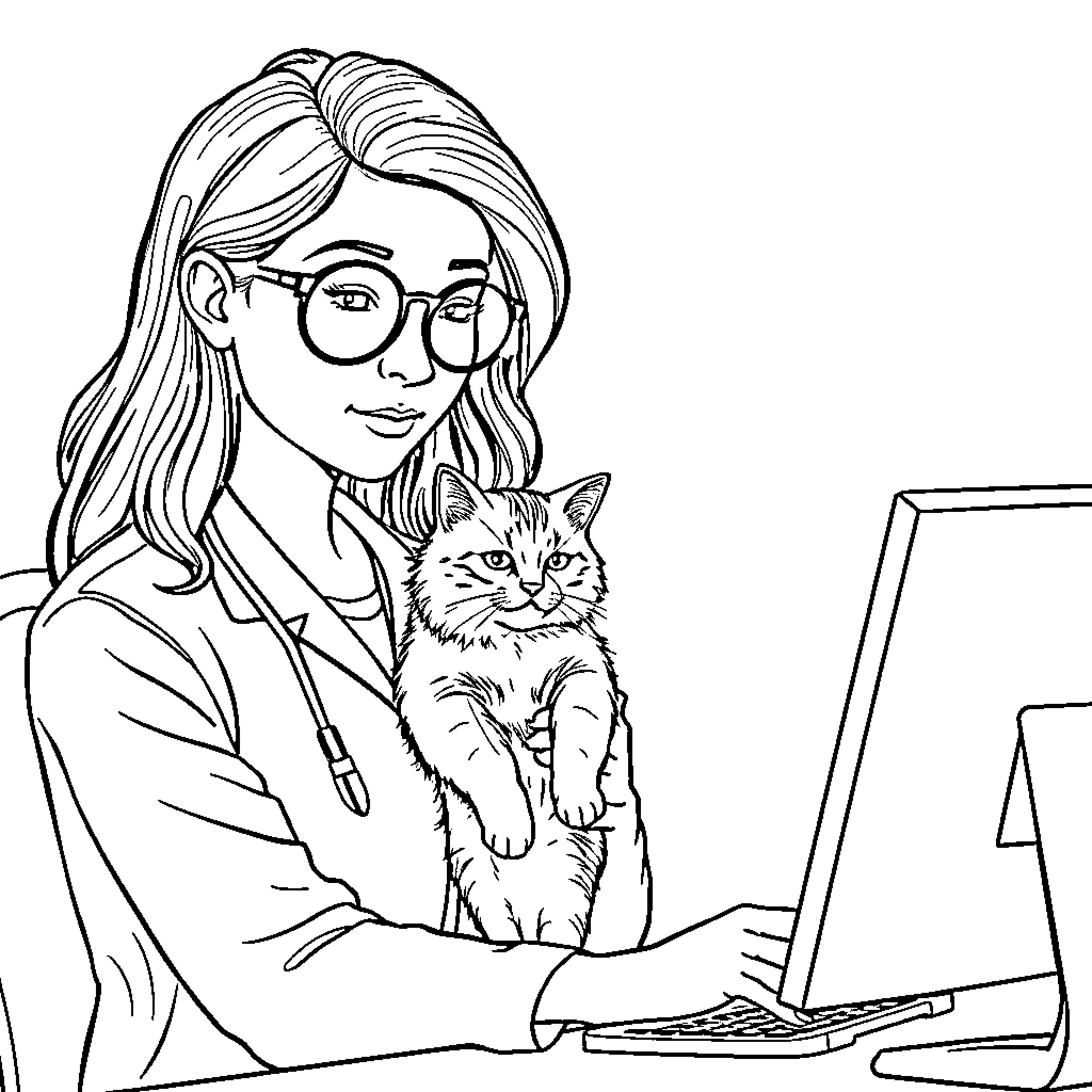 Therapist Meets Curious Feline Client Coloring Page (free black-and-white line drawing printable PDF for all, from beginners to advanced learners, including children, teens, adults, and seniors)