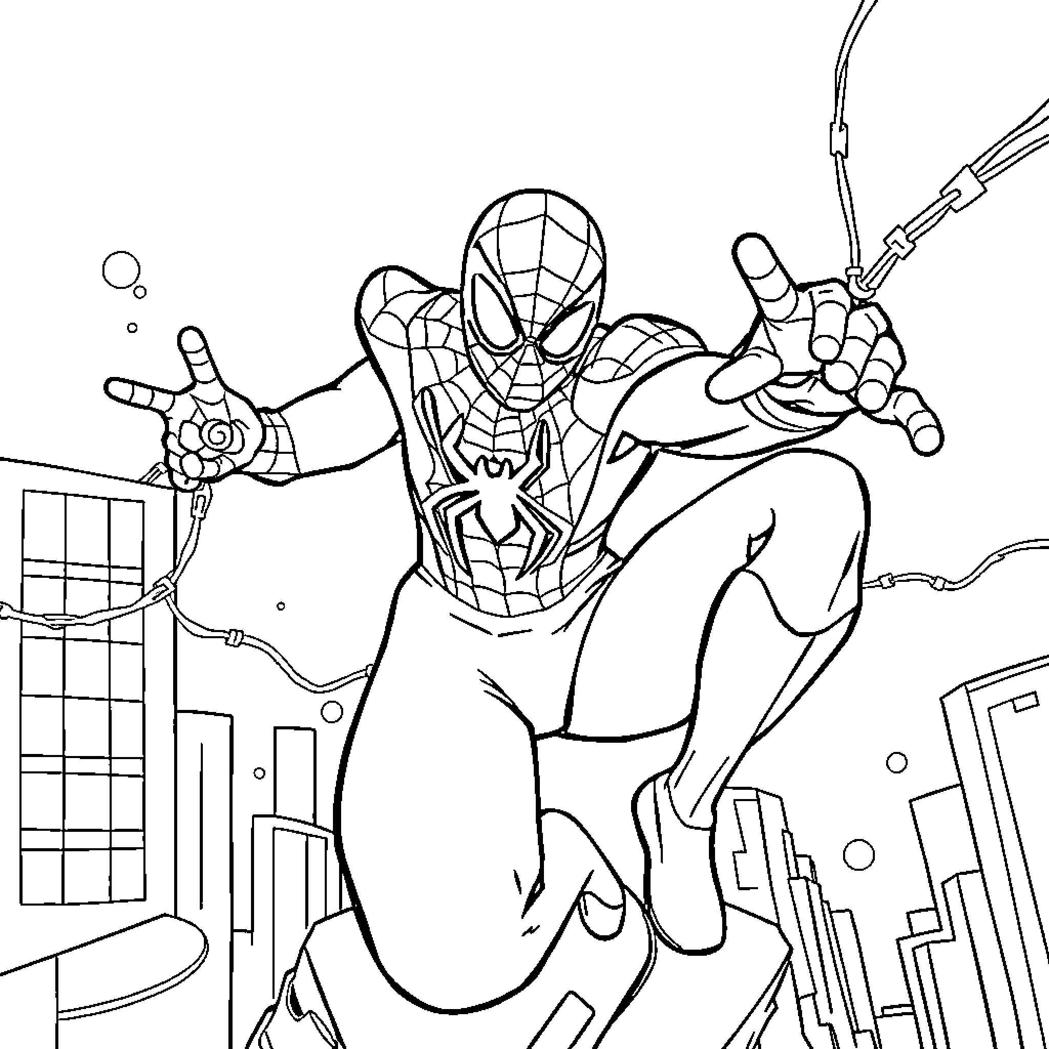 Spiderman swinging through the city in action Coloring Page (free black-and-white line drawing printable PDF for all, from beginners to advanced learners, including children, teens, adults, and seniors)