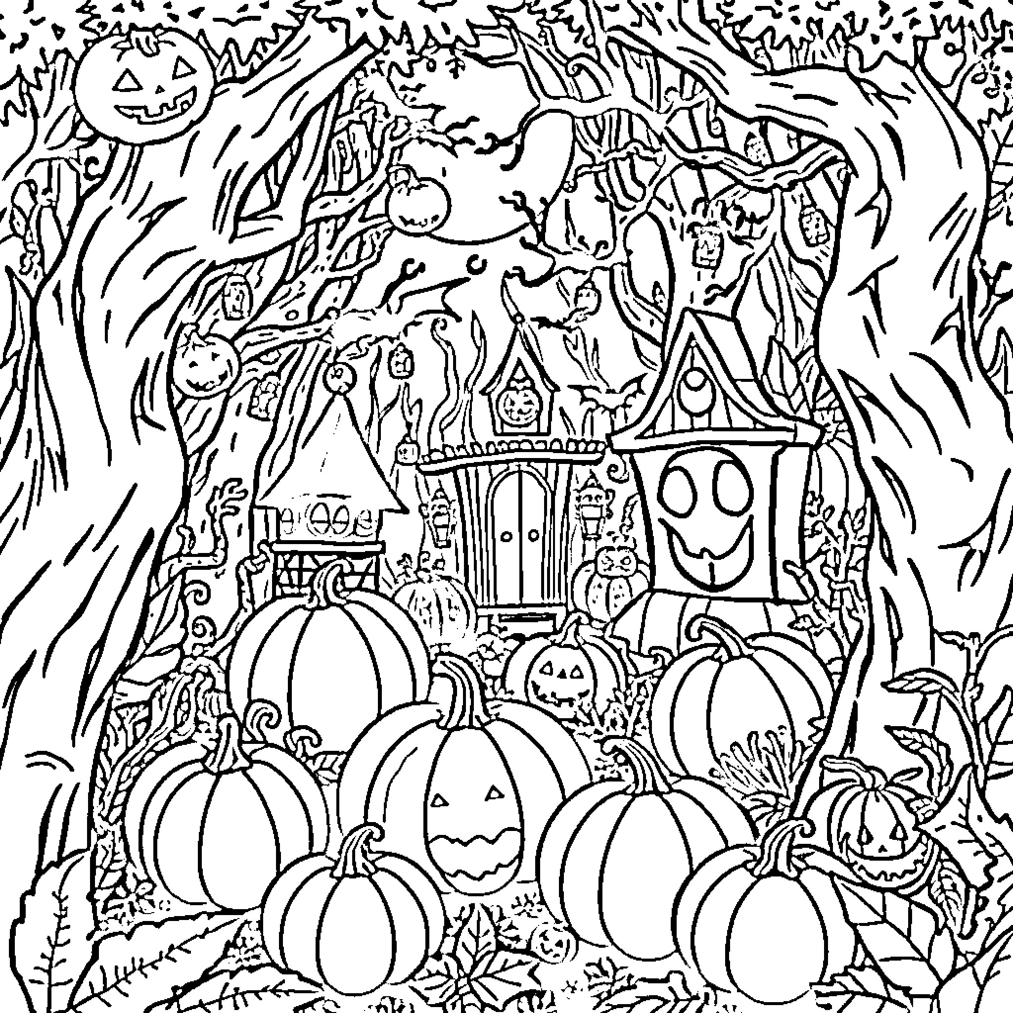 Jungle of Halloween Decorations and Creatures Coloring Page (free black-and-white line drawing printable PDF for all, from beginners to advanced learners, including children, teens, adults, and seniors)