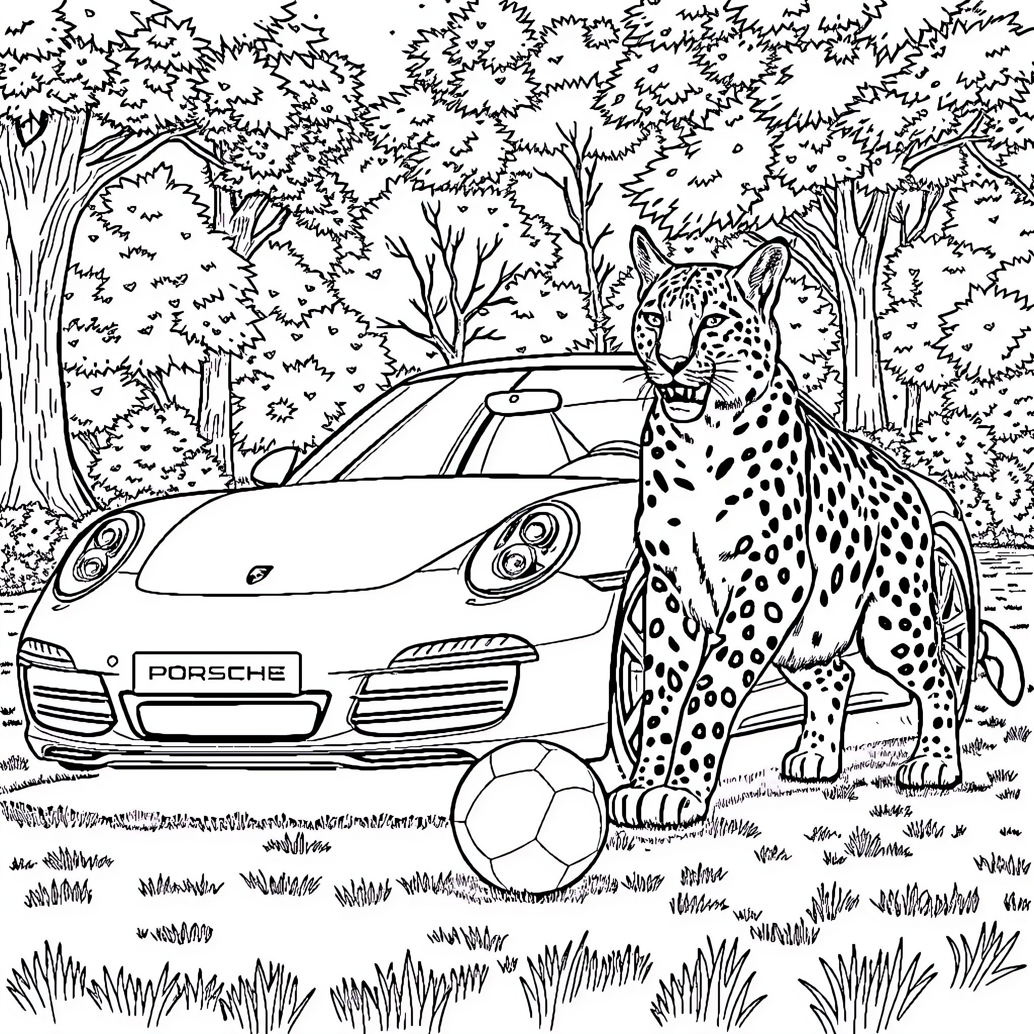 Porsche supercar and wild leopard in the forest Coloring Page (free black-and-white line drawing printable PDF for all, from beginners to advanced learners, including children, teens, adults, and seniors)