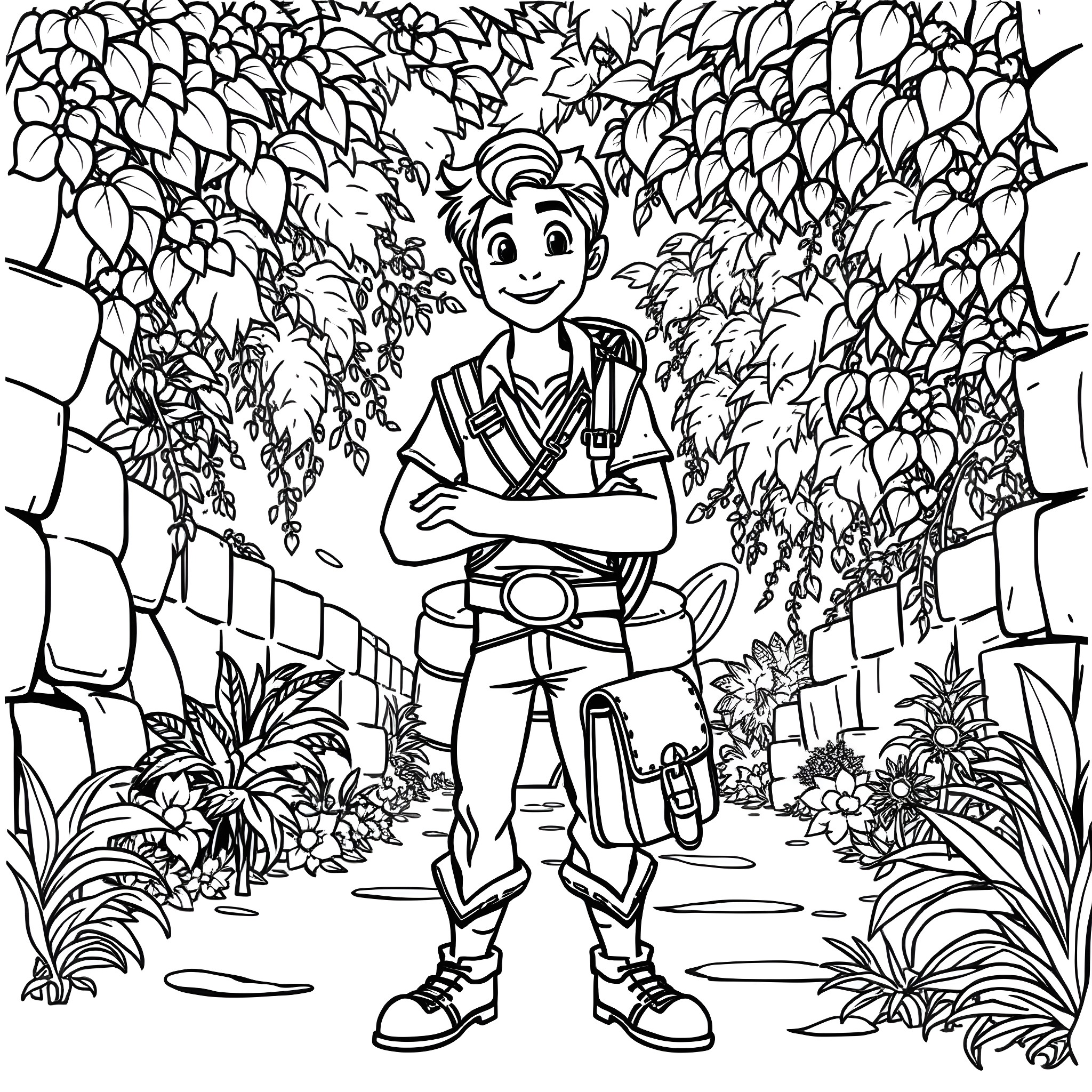 Flynn Rider exploring the lush, vibrant garden Coloring Page (free black-and-white line drawing printable PDF for all, from beginners to advanced learners, including children, teens, adults, and seniors)