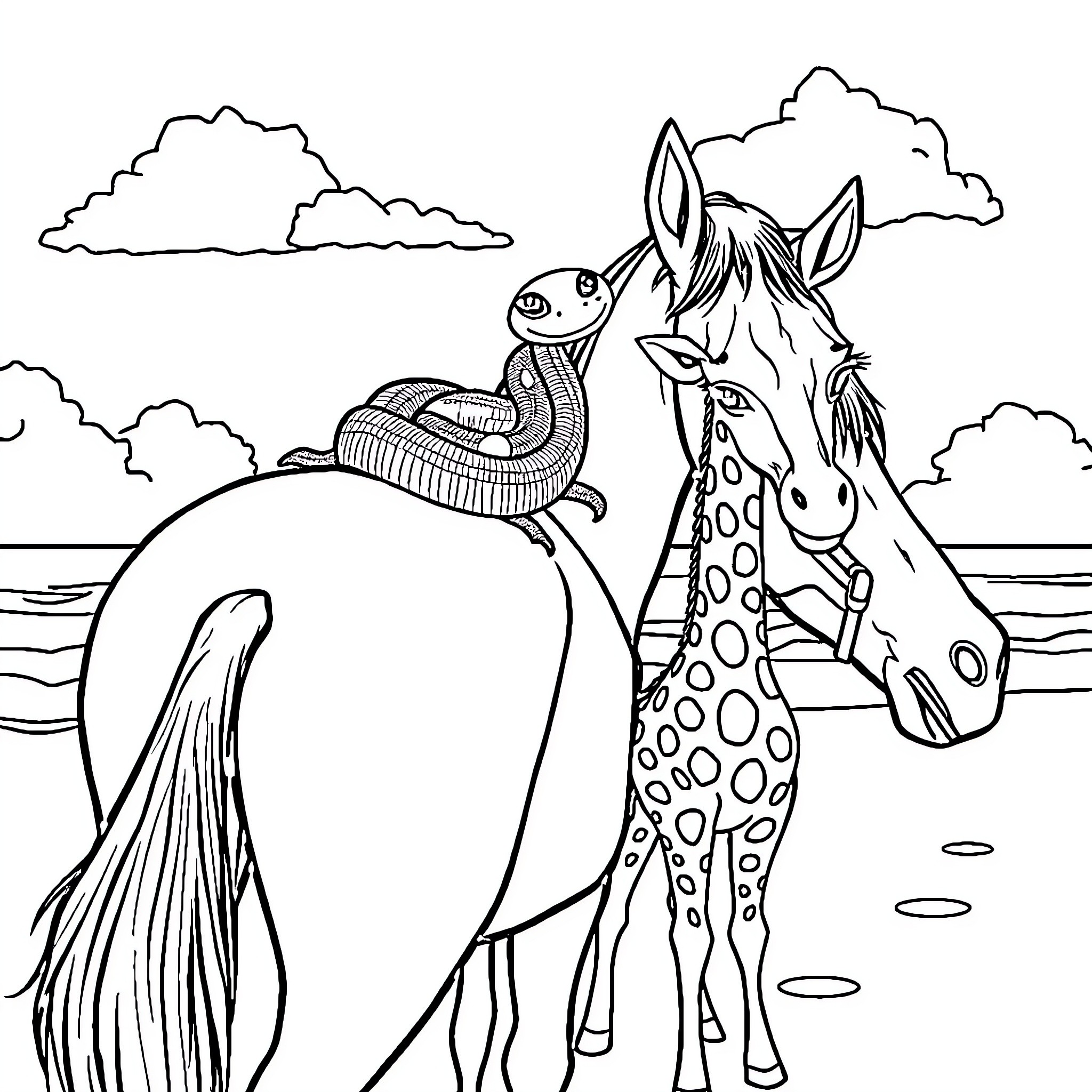Snake coiling around playful horse in scenic landscape Coloring Page (free black-and-white line drawing printable PDF for all, from beginners to advanced learners, including children, teens, adults, and seniors)